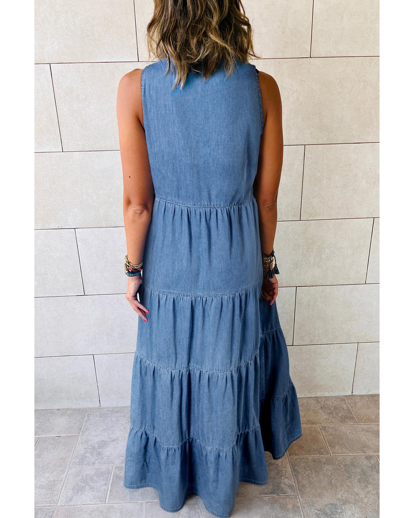 Blue Sleeveless Tiered Chambray Maxi Dress - S 3