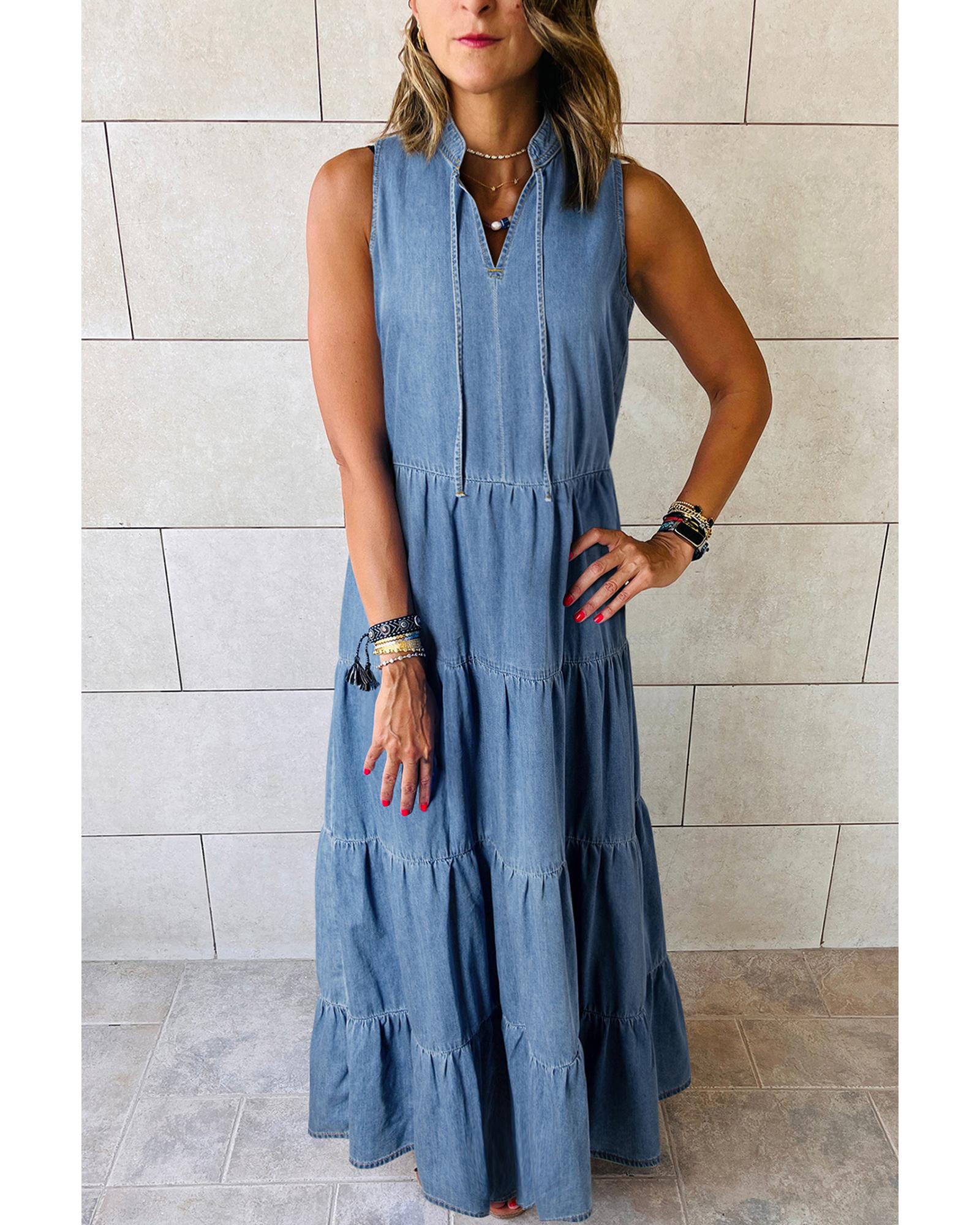 Blue Sleeveless Tiered Chambray Maxi Dress - S 4