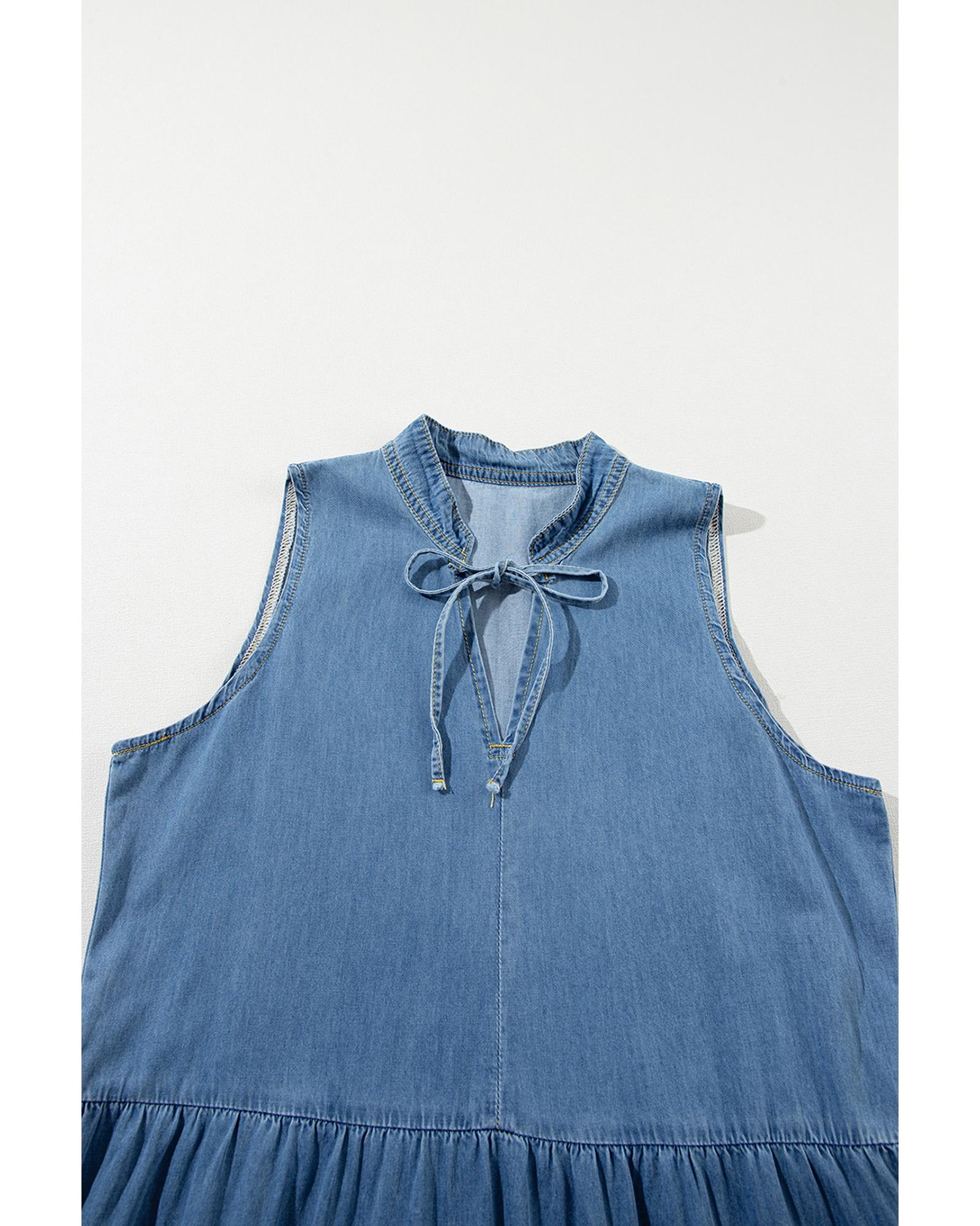 Blue Sleeveless Tiered Chambray Maxi Dress - S 5