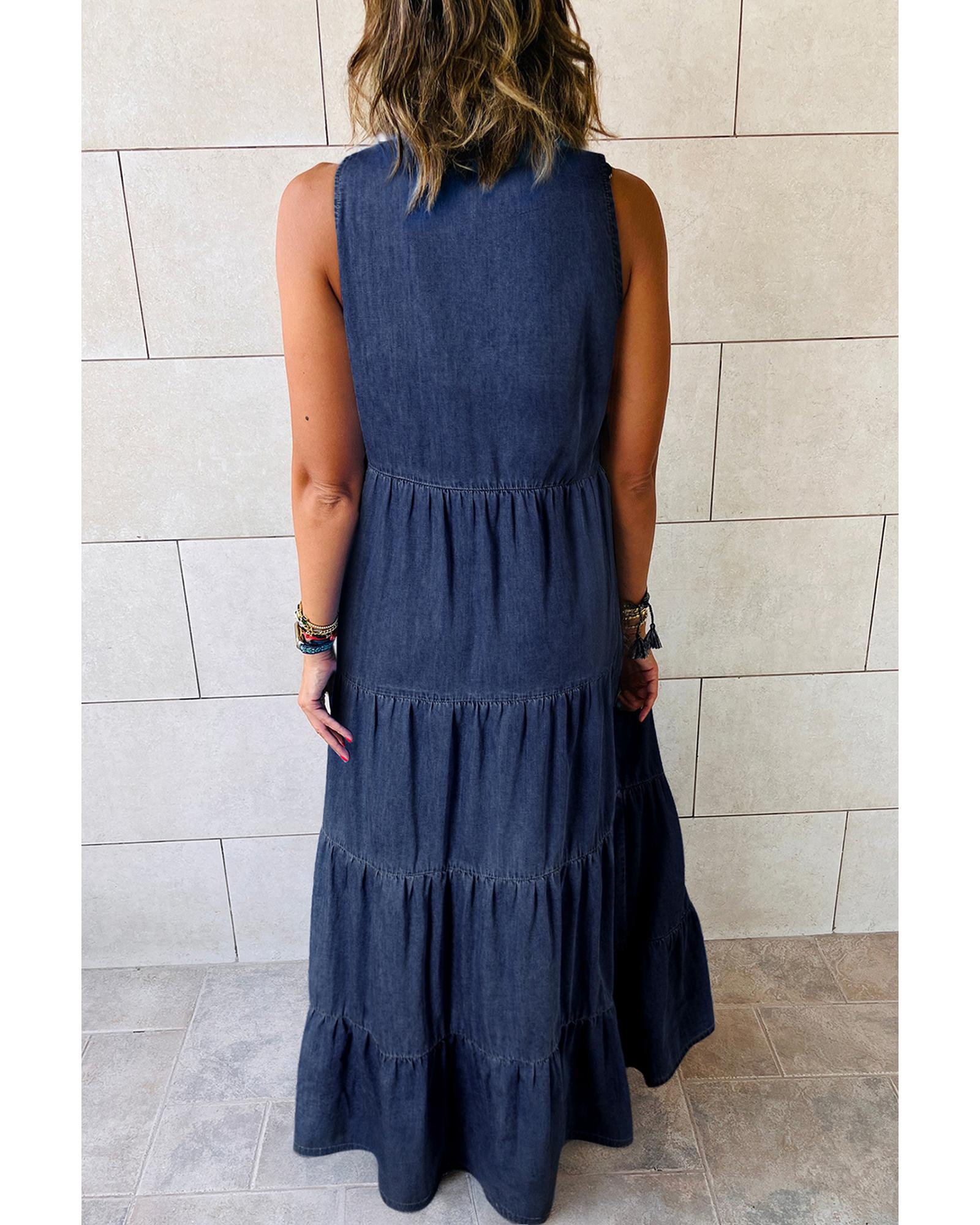 Real Teal Sleeveless Tiered Chambray Maxi Dress - S 3