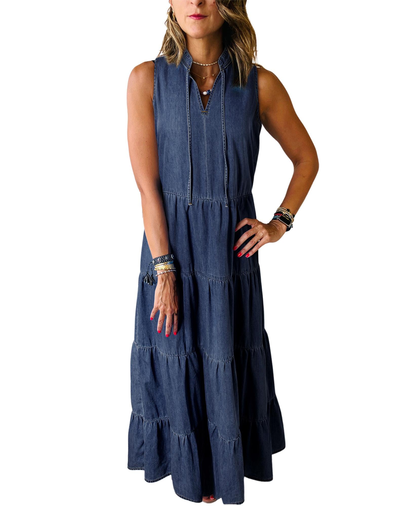Real Teal Sleeveless Tiered Chambray Maxi Dress - S 4