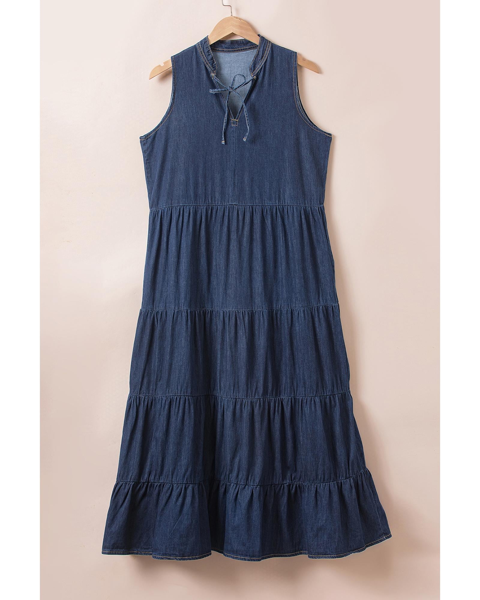 Real Teal Sleeveless Tiered Chambray Maxi Dress - S 7