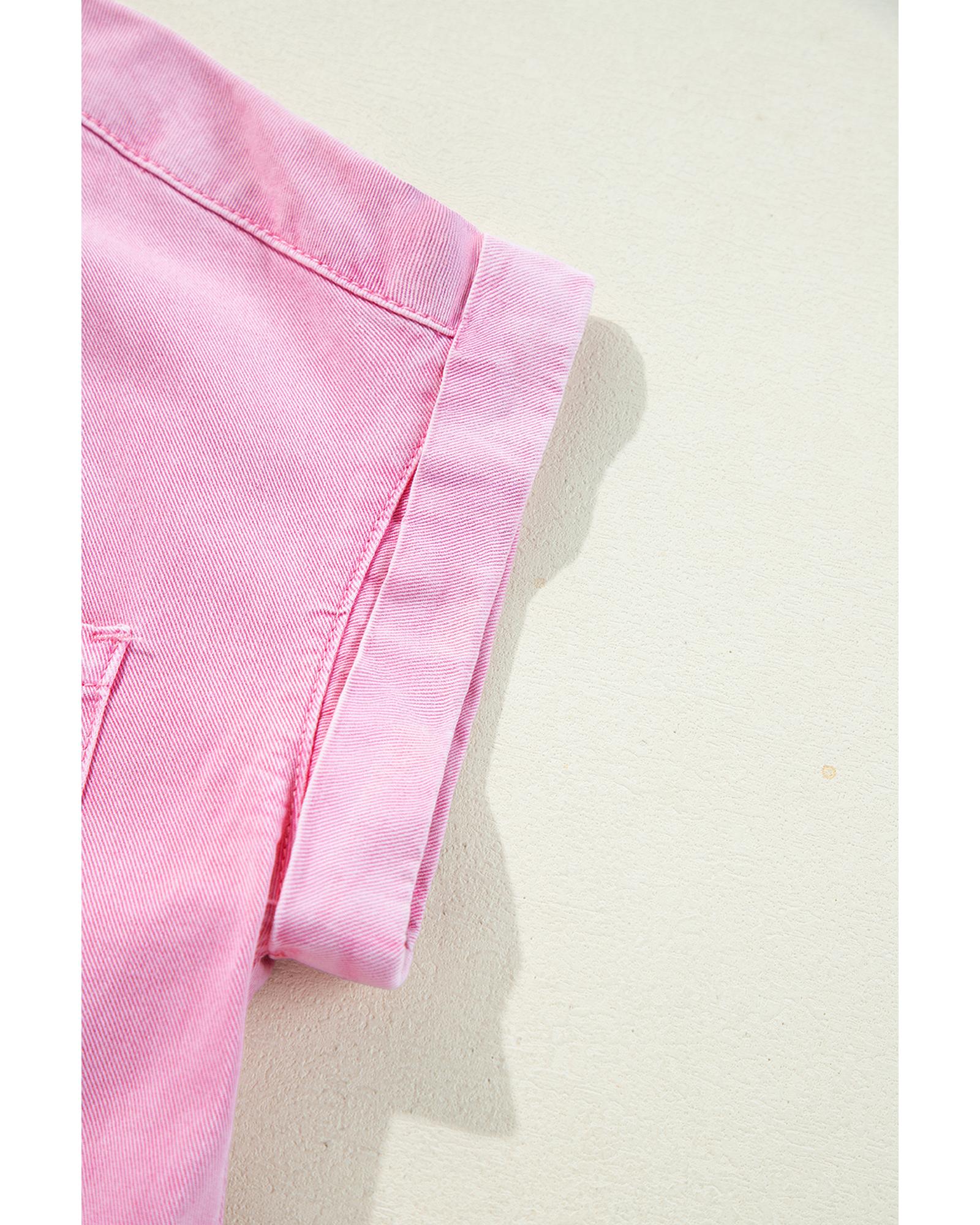 Pink Short Sleeve Double Chest Pocket Denim Shirt Dress - S 3