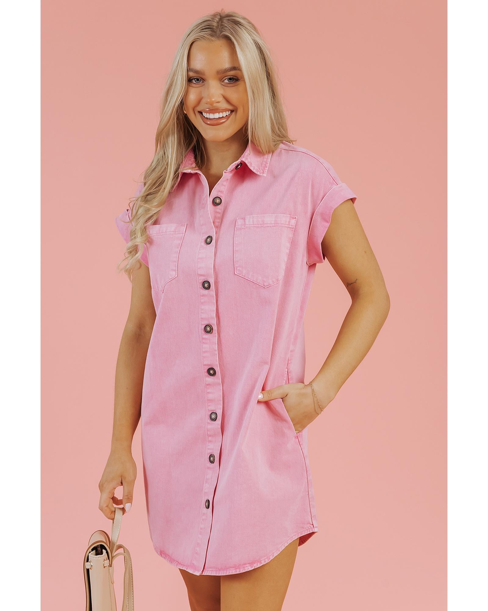 Pink Short Sleeve Double Chest Pocket Denim Shirt Dress - XL 5