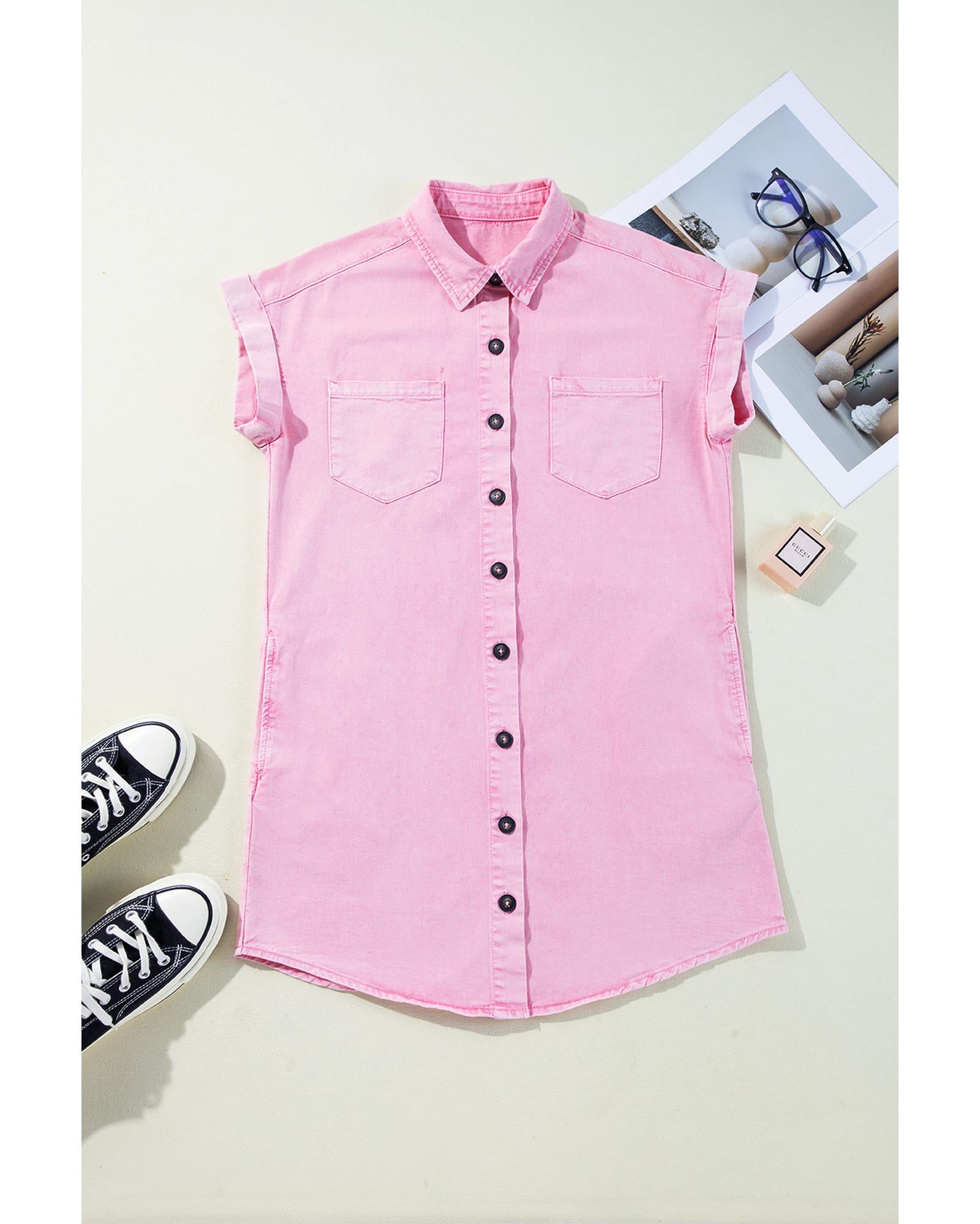 Pink Short Sleeve Double Chest Pocket Denim Shirt Dress - XL 7