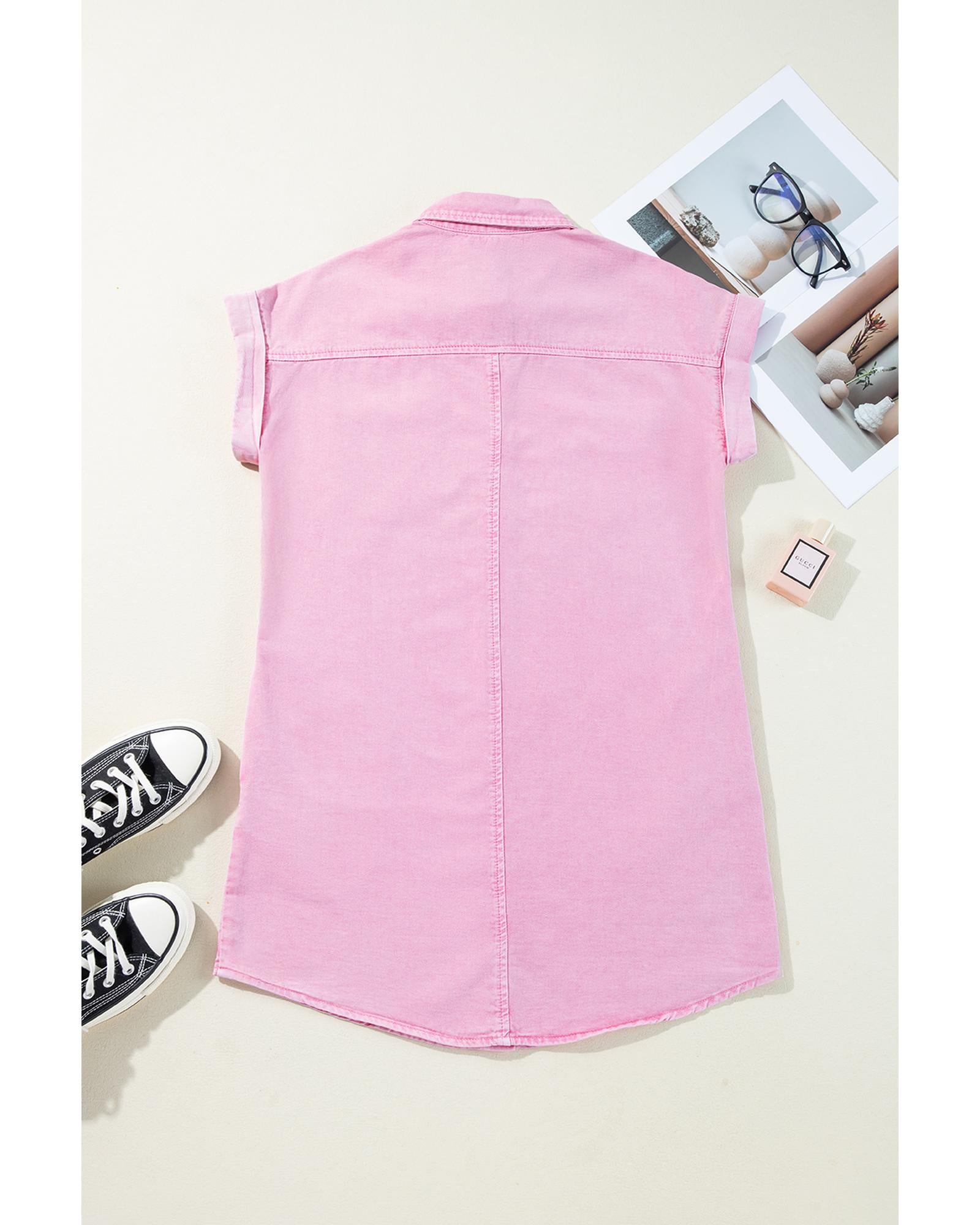 Pink Short Sleeve Double Chest Pocket Denim Shirt Dress - XL 8