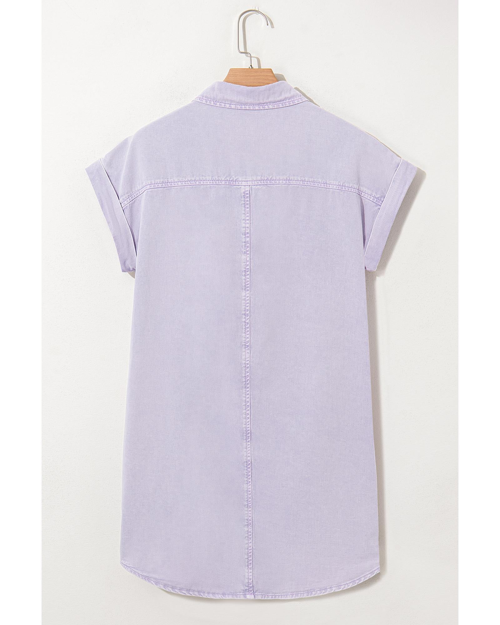 Orchid Petal Short Sleeve Double Chest Pocket Denim Shirt Dress - S 7