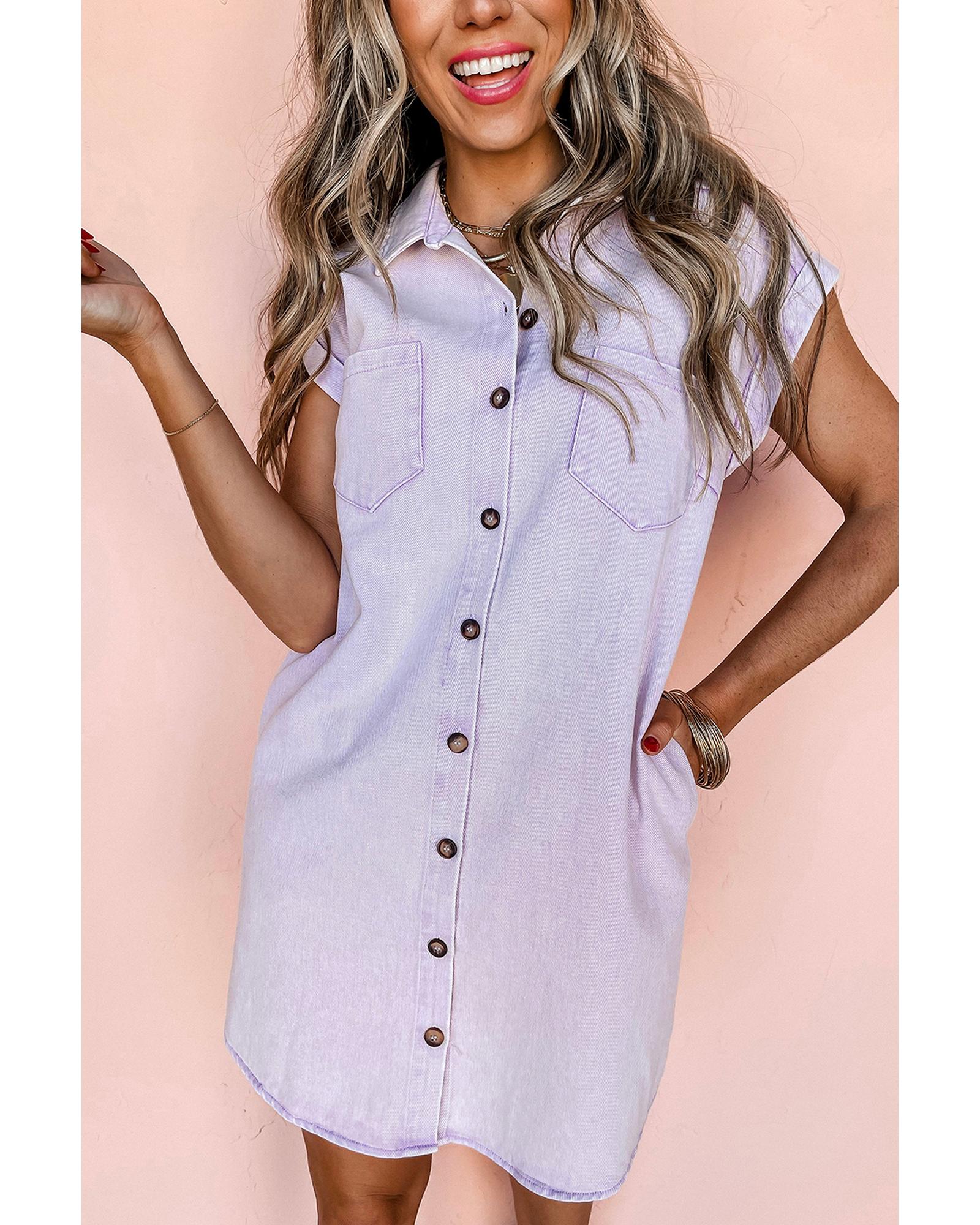Orchid Petal Short Sleeve Double Chest Pocket Denim Shirt Dress - XL