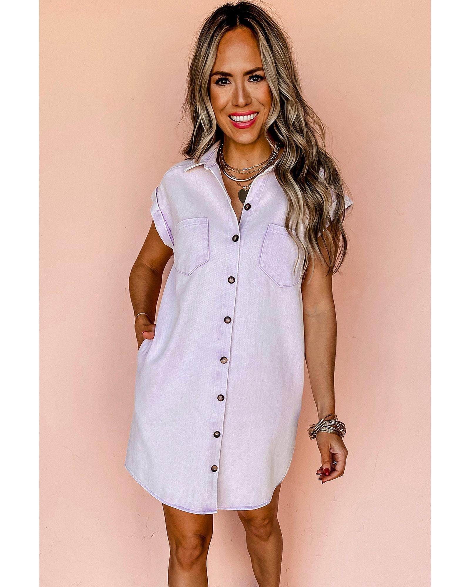Orchid Petal Short Sleeve Double Chest Pocket Denim Shirt Dress - XL 4