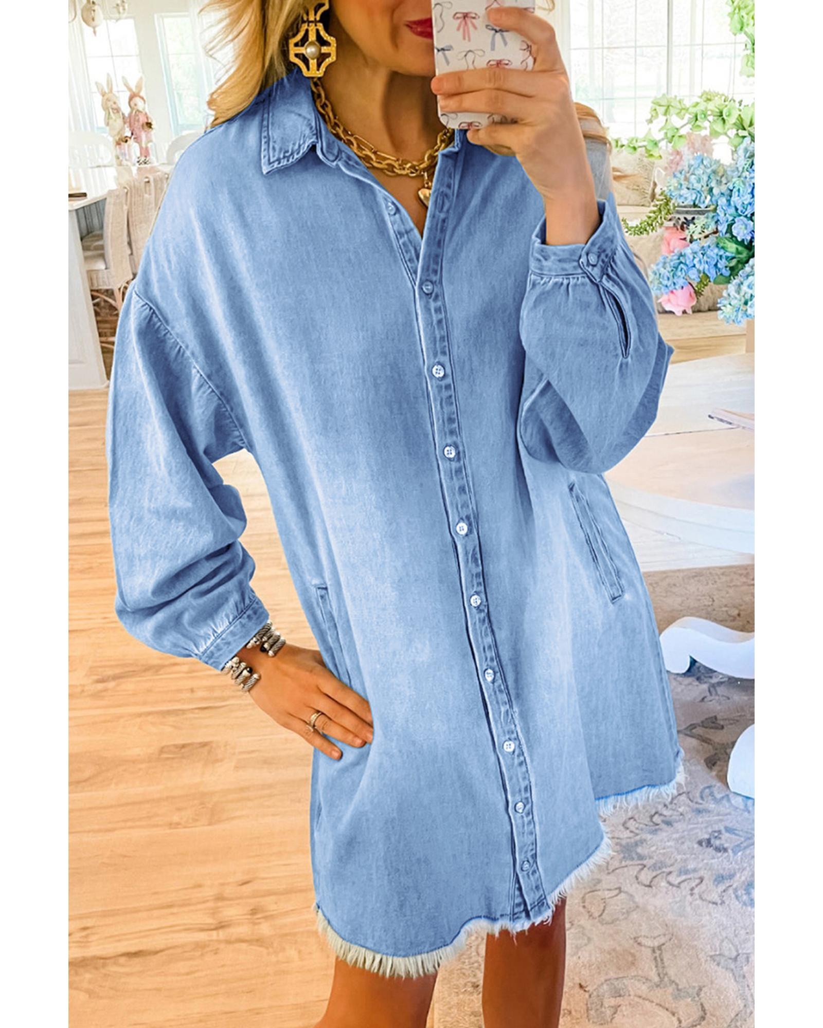Beau Blue Risen Medium Washed Denim Shirt Dress - M