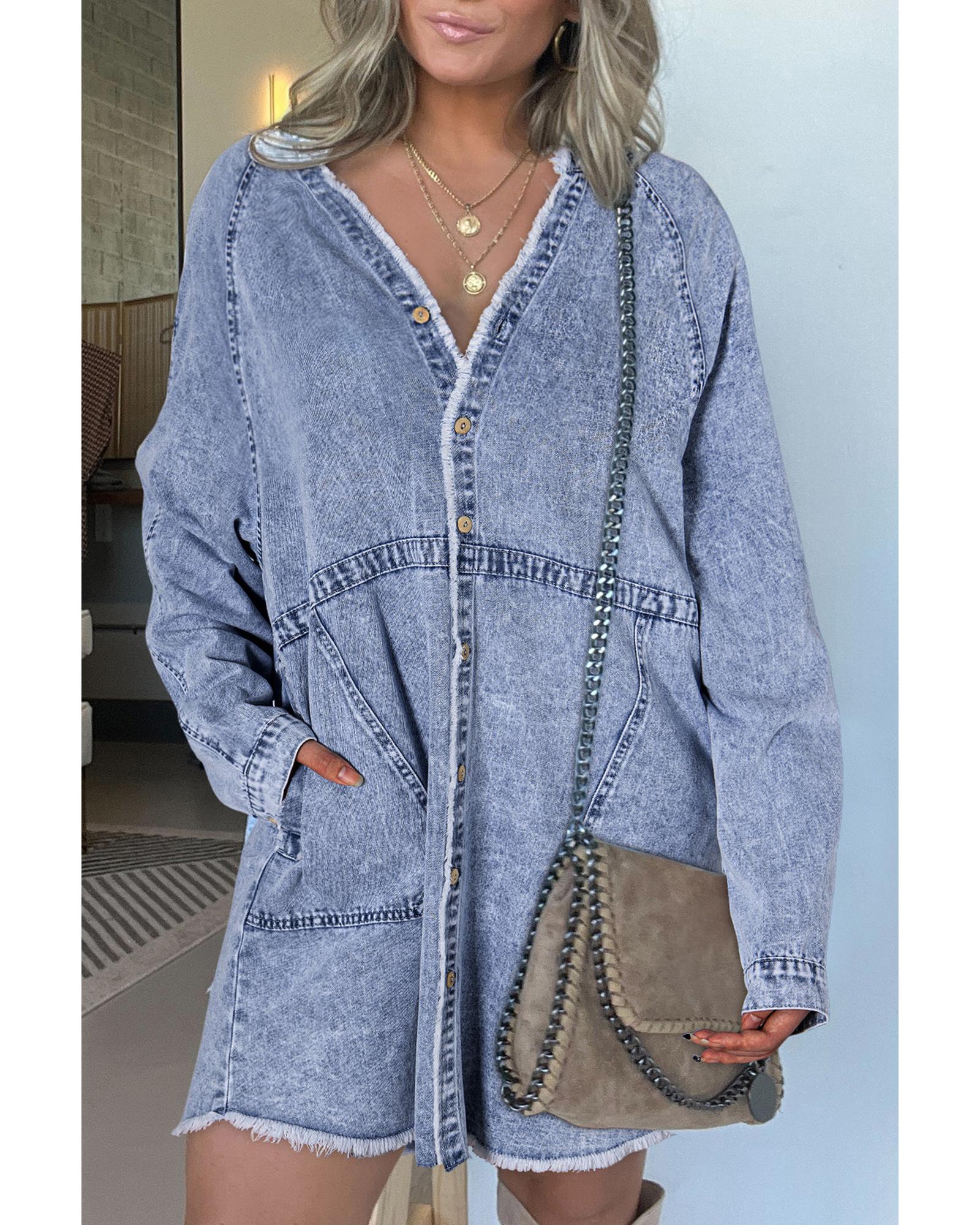 Beau Blue Mineral Wash Long Sleeve Button Up Raw Hem Pocketed Denim Dress - M