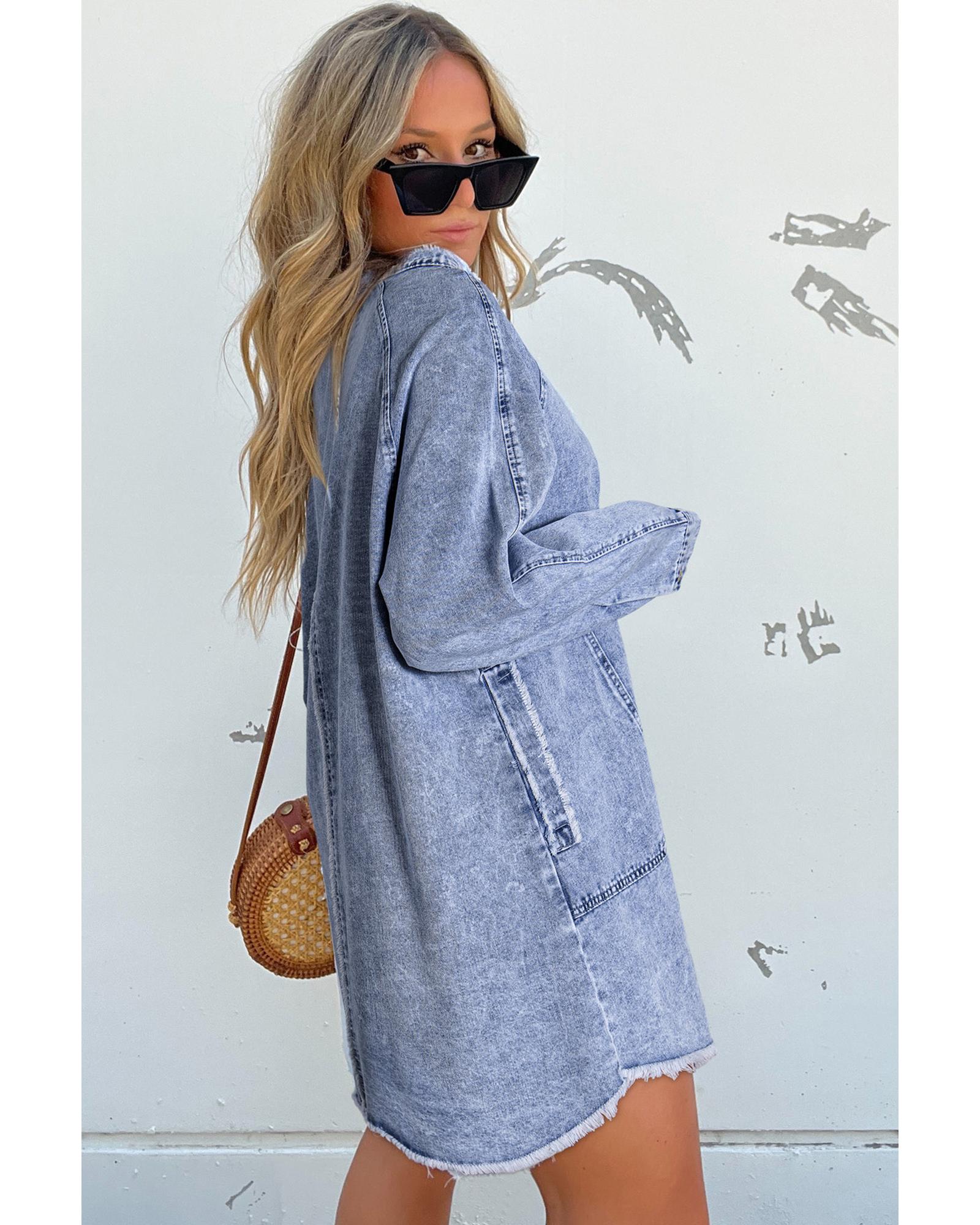 Beau Blue Mineral Wash Long Sleeve Button Up Raw Hem Pocketed Denim Dress - M 3