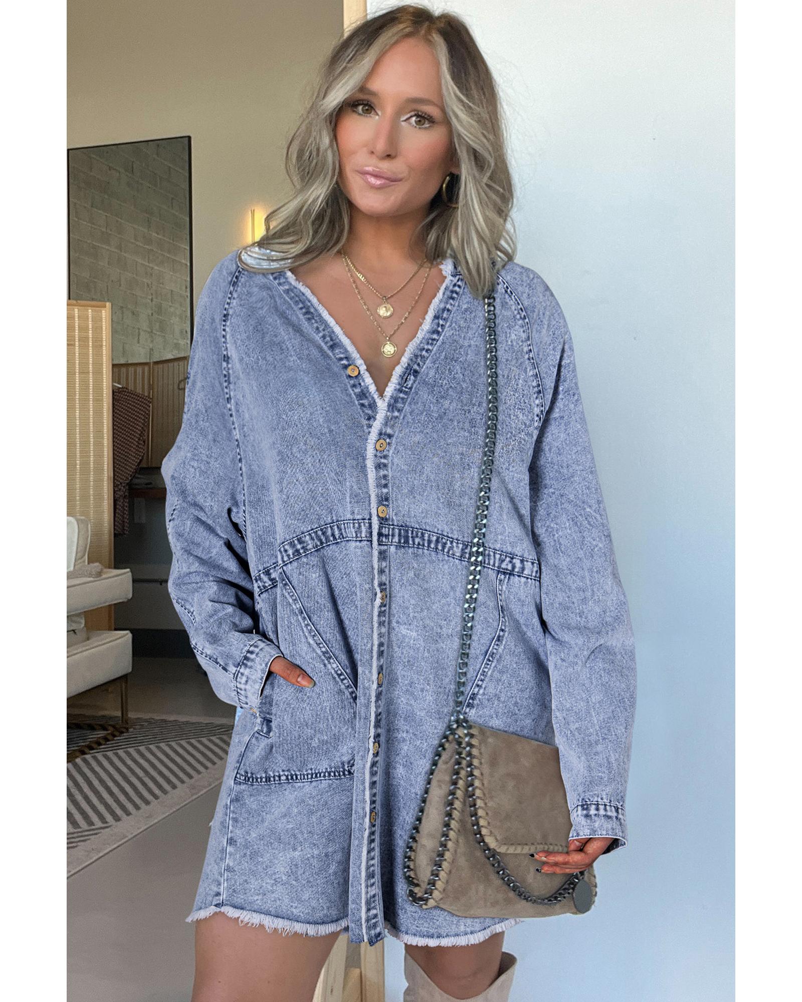 Beau Blue Mineral Wash Long Sleeve Button Up Raw Hem Pocketed Denim Dress - M 4