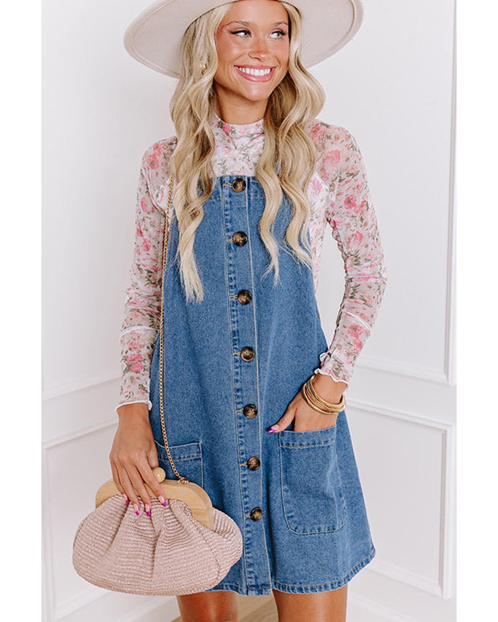 Dusk Blue Wide Strap Button Front Pocketed Denim Mini Dress - L