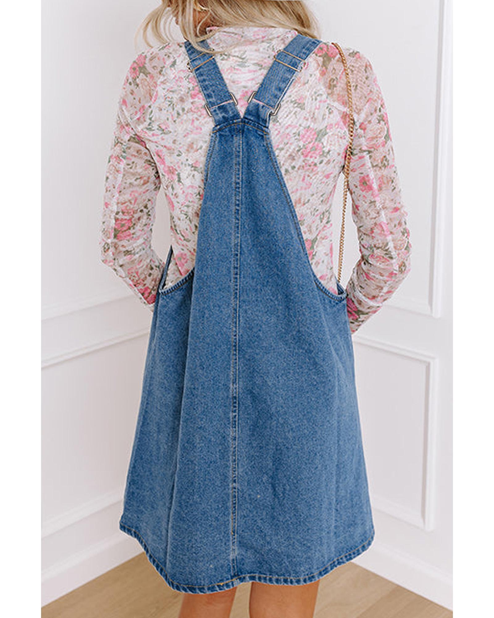 Dusk Blue Wide Strap Button Front Pocketed Denim Mini Dress - M 5