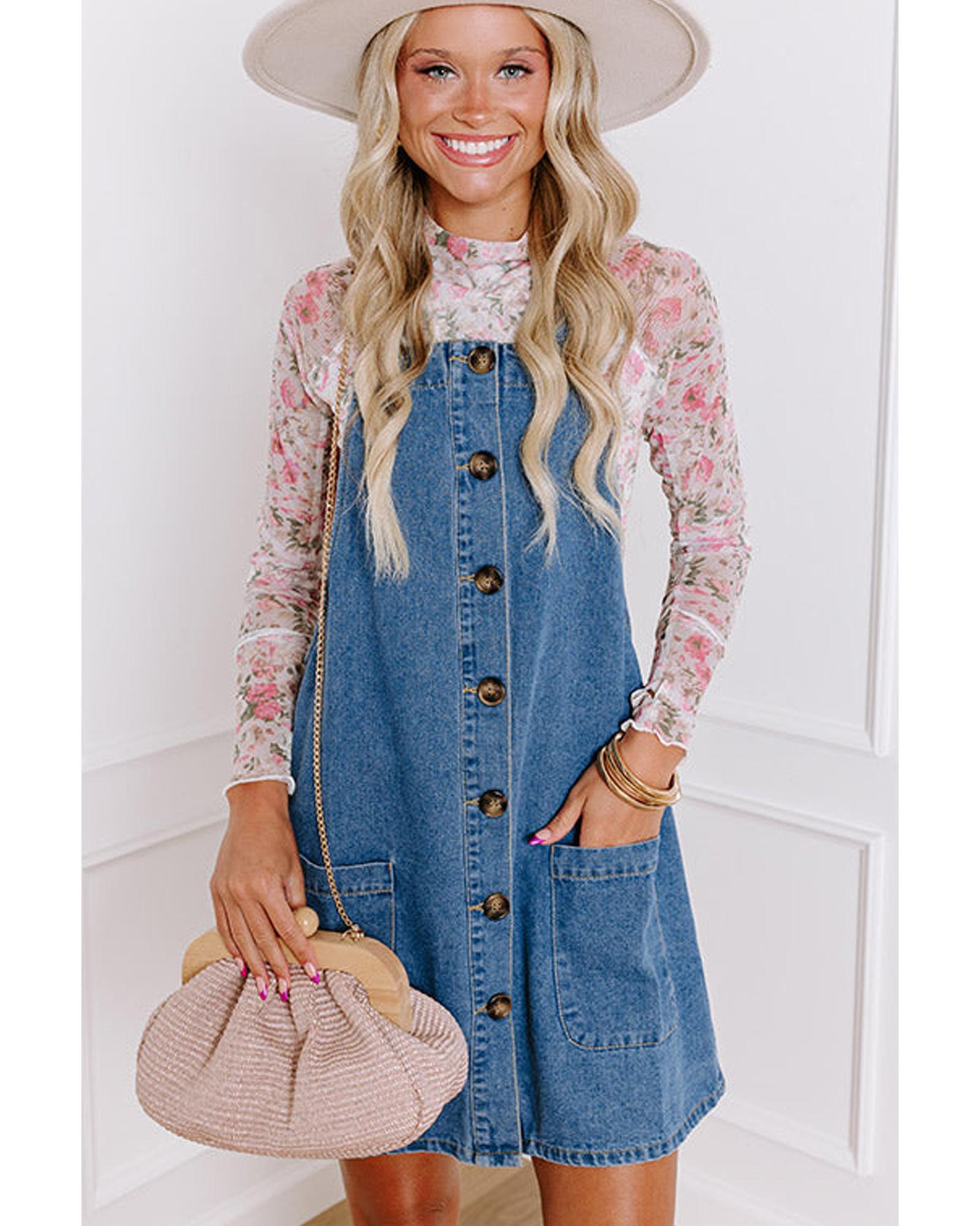 Dusk Blue Wide Strap Button Front Pocketed Denim Mini Dress - XL