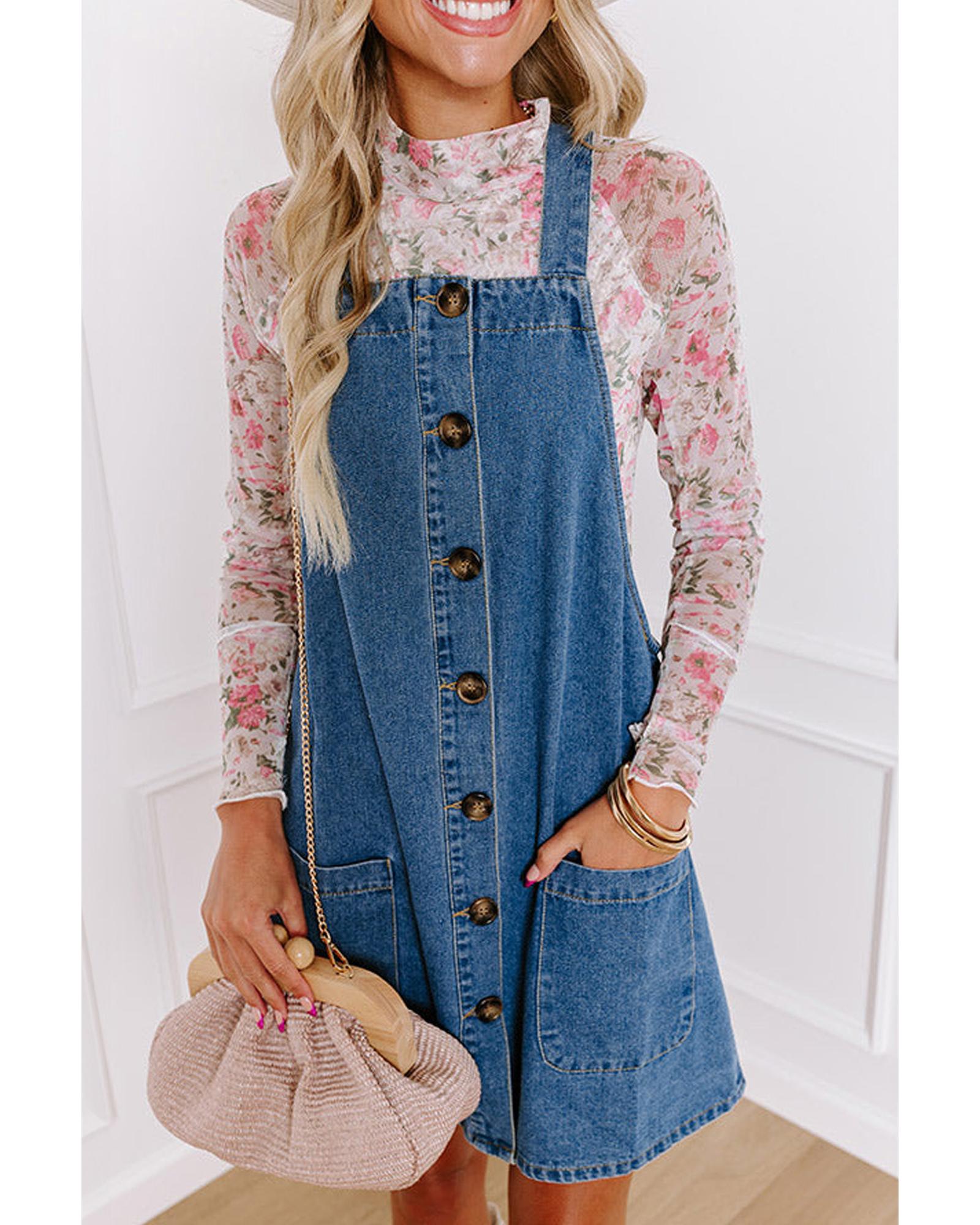 Dusk Blue Wide Strap Button Front Pocketed Denim Mini Dress - XL 3