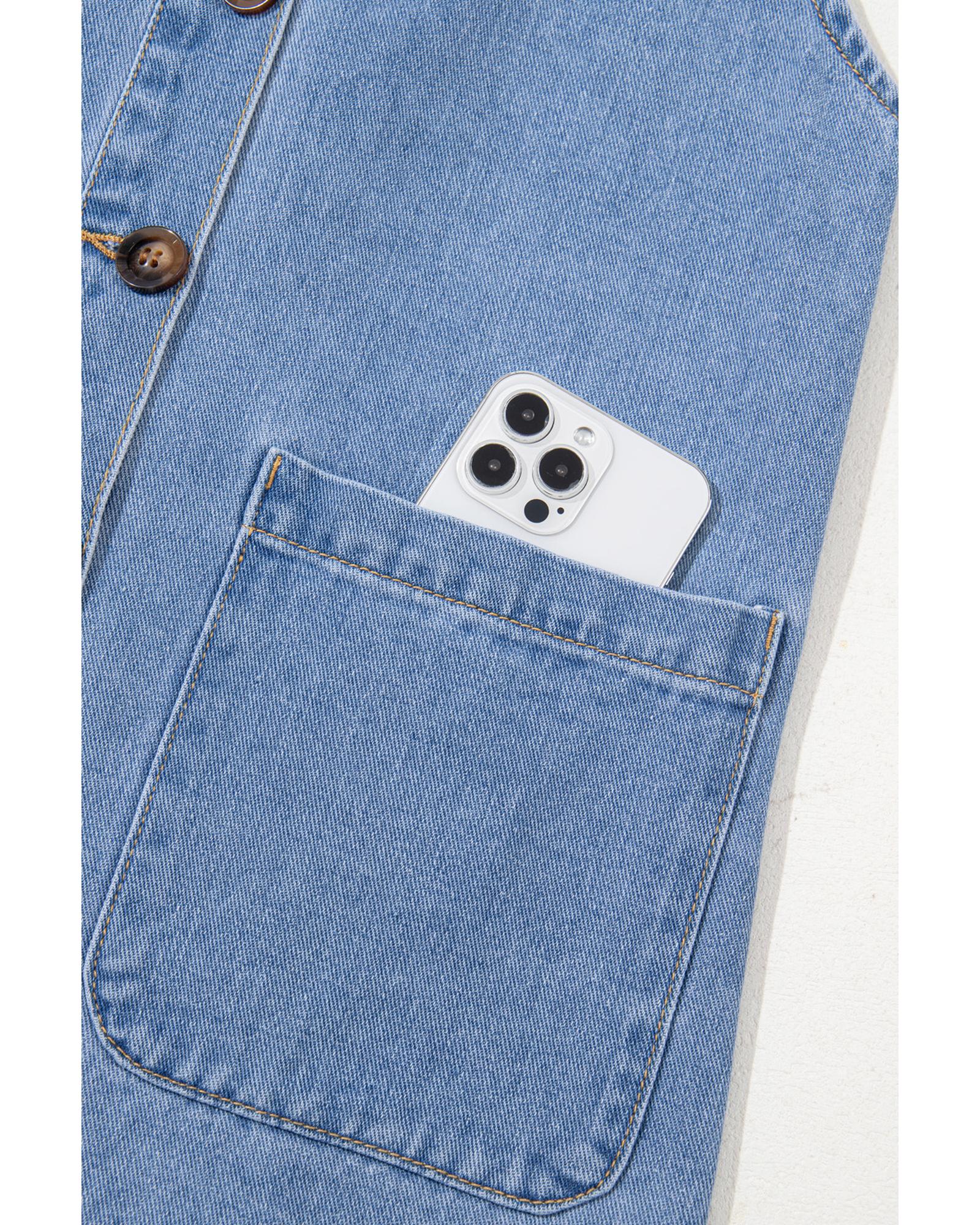 Beau Blue Wide Strap Button Front Pocketed Denim Mini Dress - XL 4