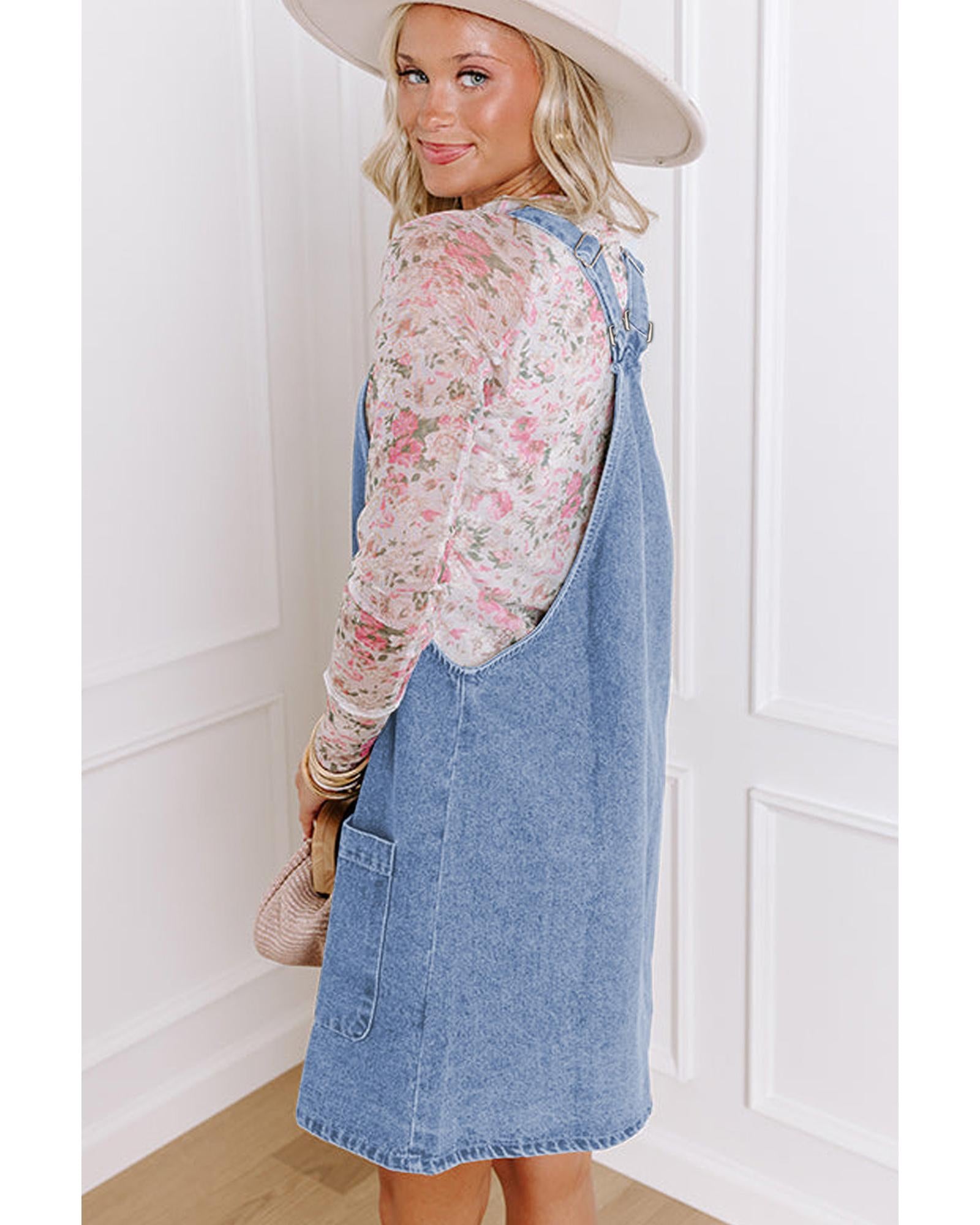 Beau Blue Wide Strap Button Front Pocketed Denim Mini Dress - XL 6
