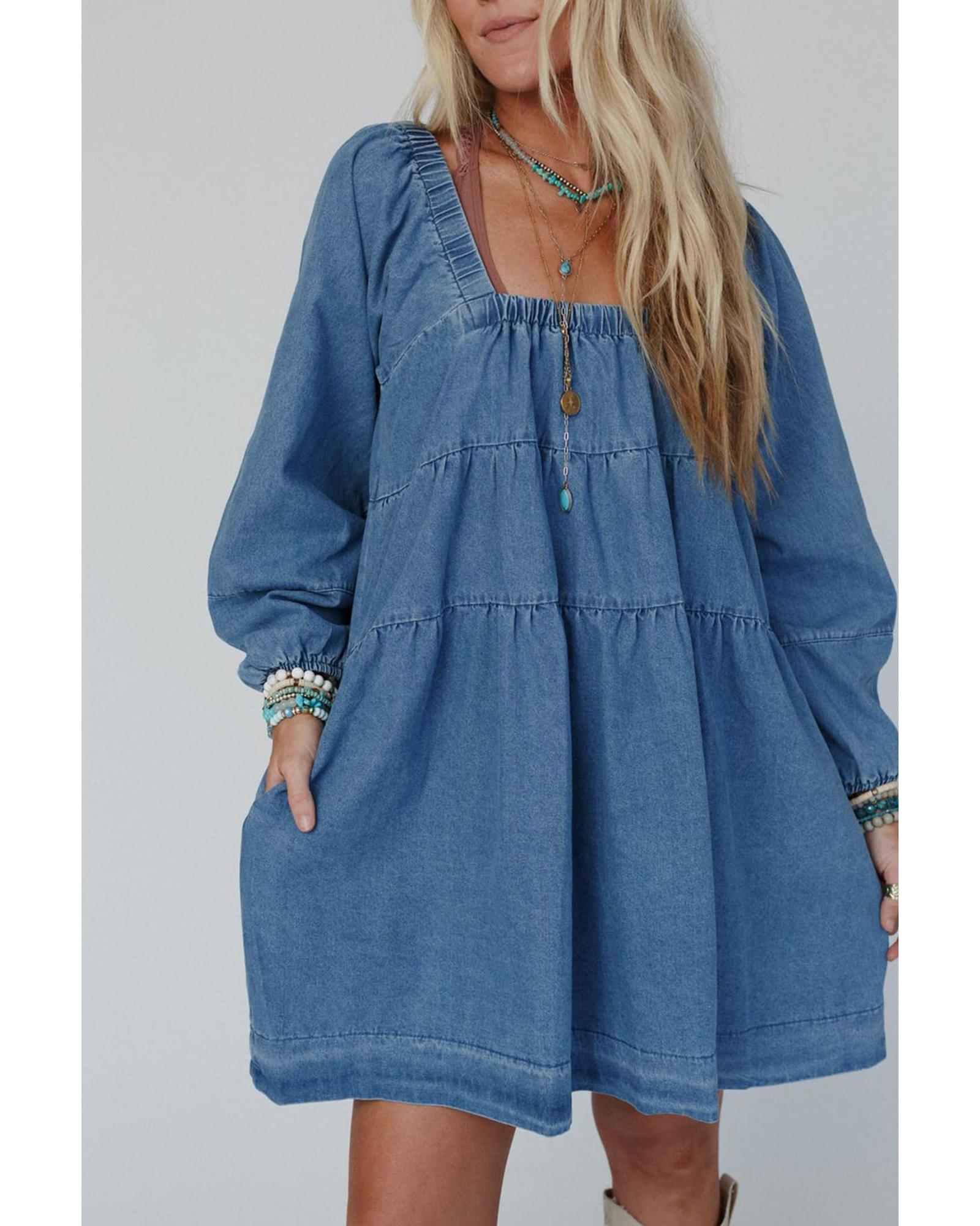 Dusk Blue Square Neck Side Pockets Loose Fit Denim Mini Dress - L 3