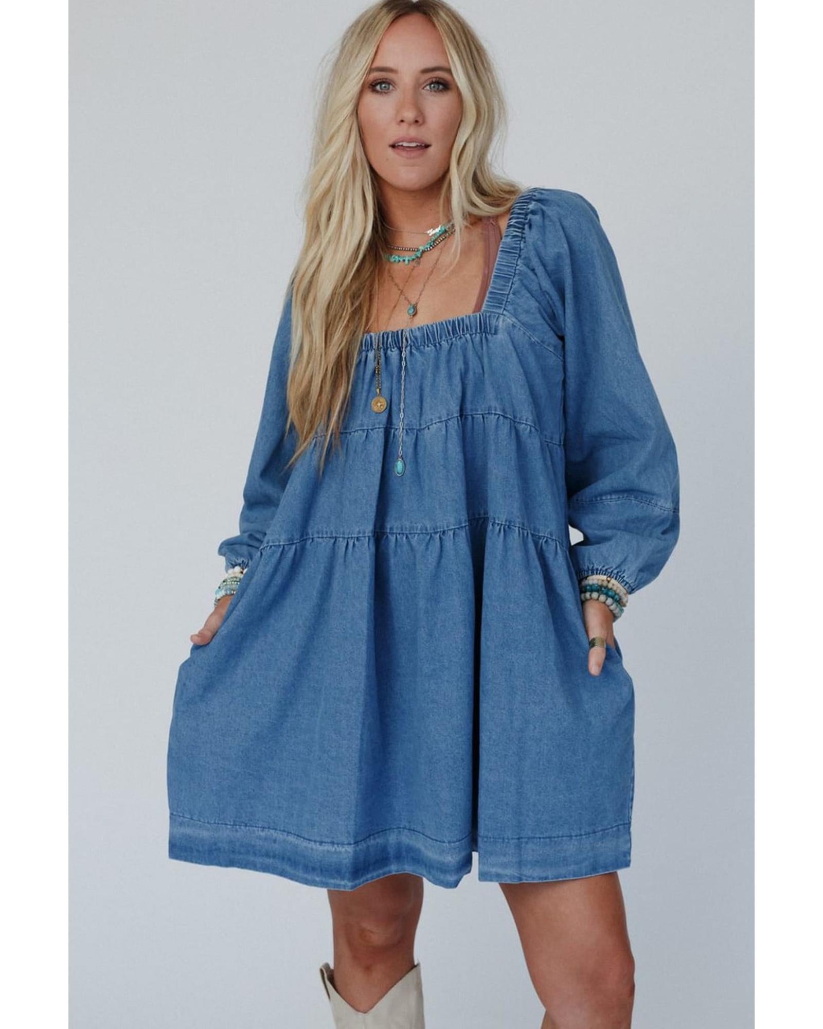 Dusk Blue Square Neck Side Pockets Loose Fit Denim Mini Dress - M