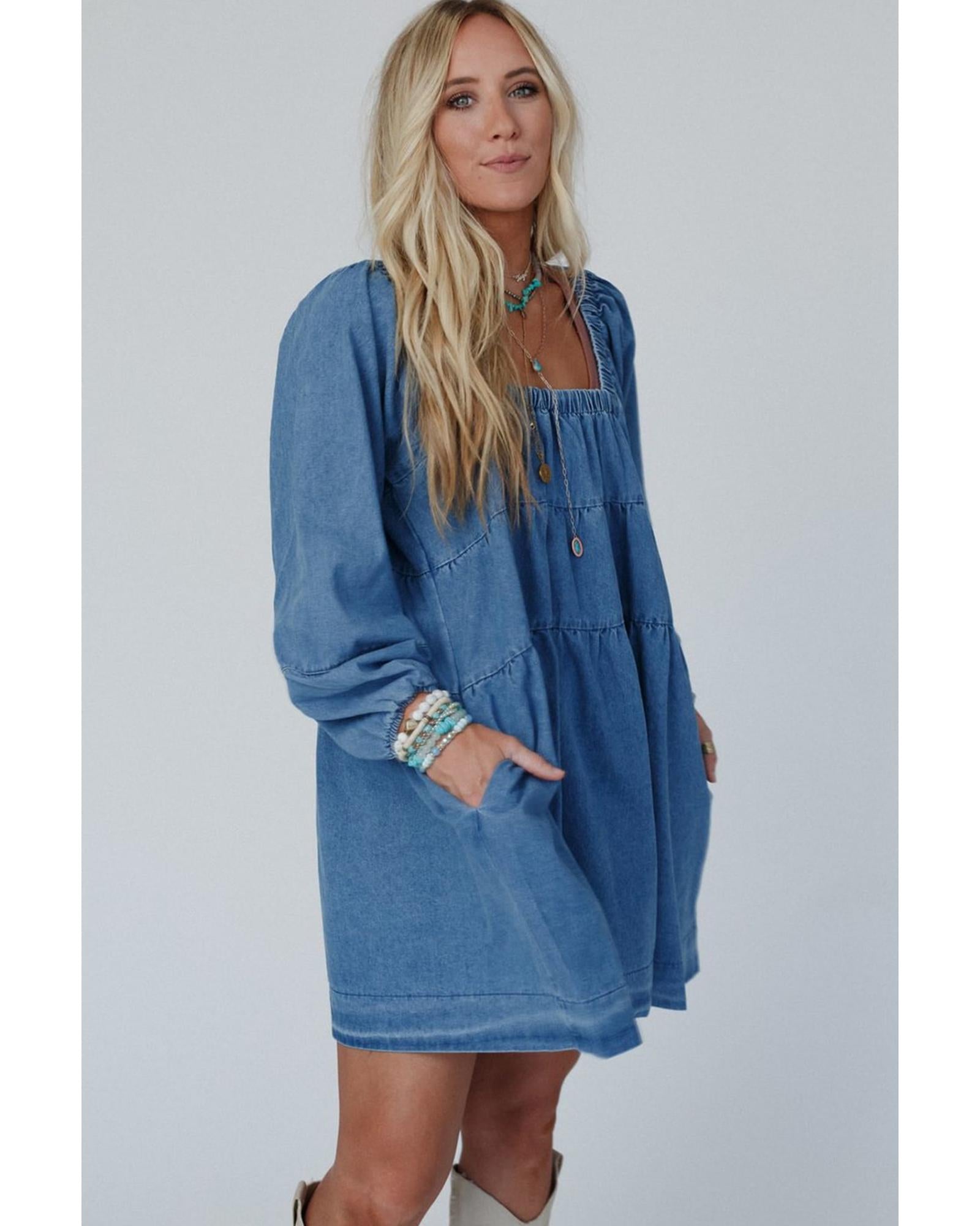 Dusk Blue Square Neck Side Pockets Loose Fit Denim Mini Dress - M 6
