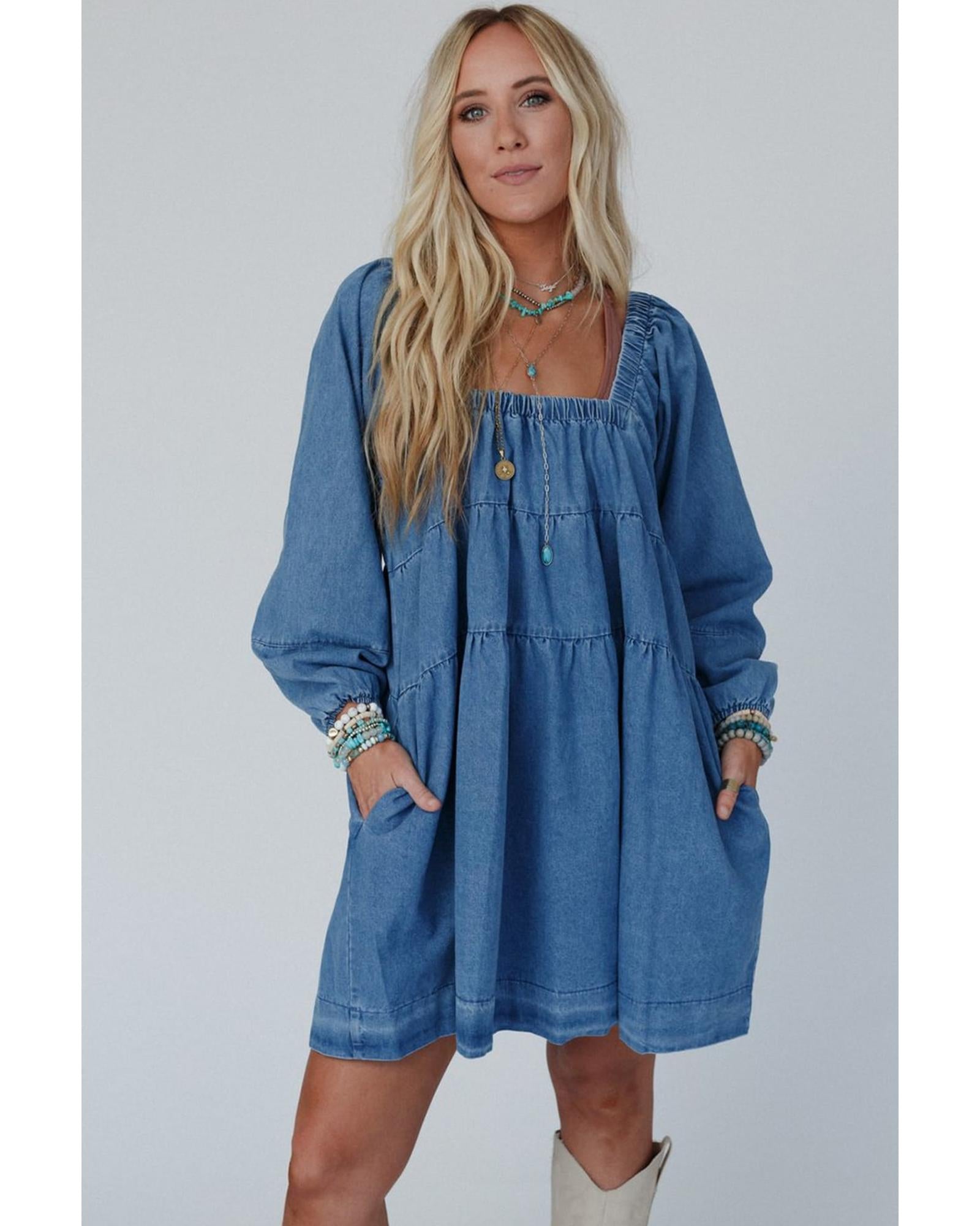 Dusk Blue Square Neck Side Pockets Loose Fit Denim Mini Dress - XL