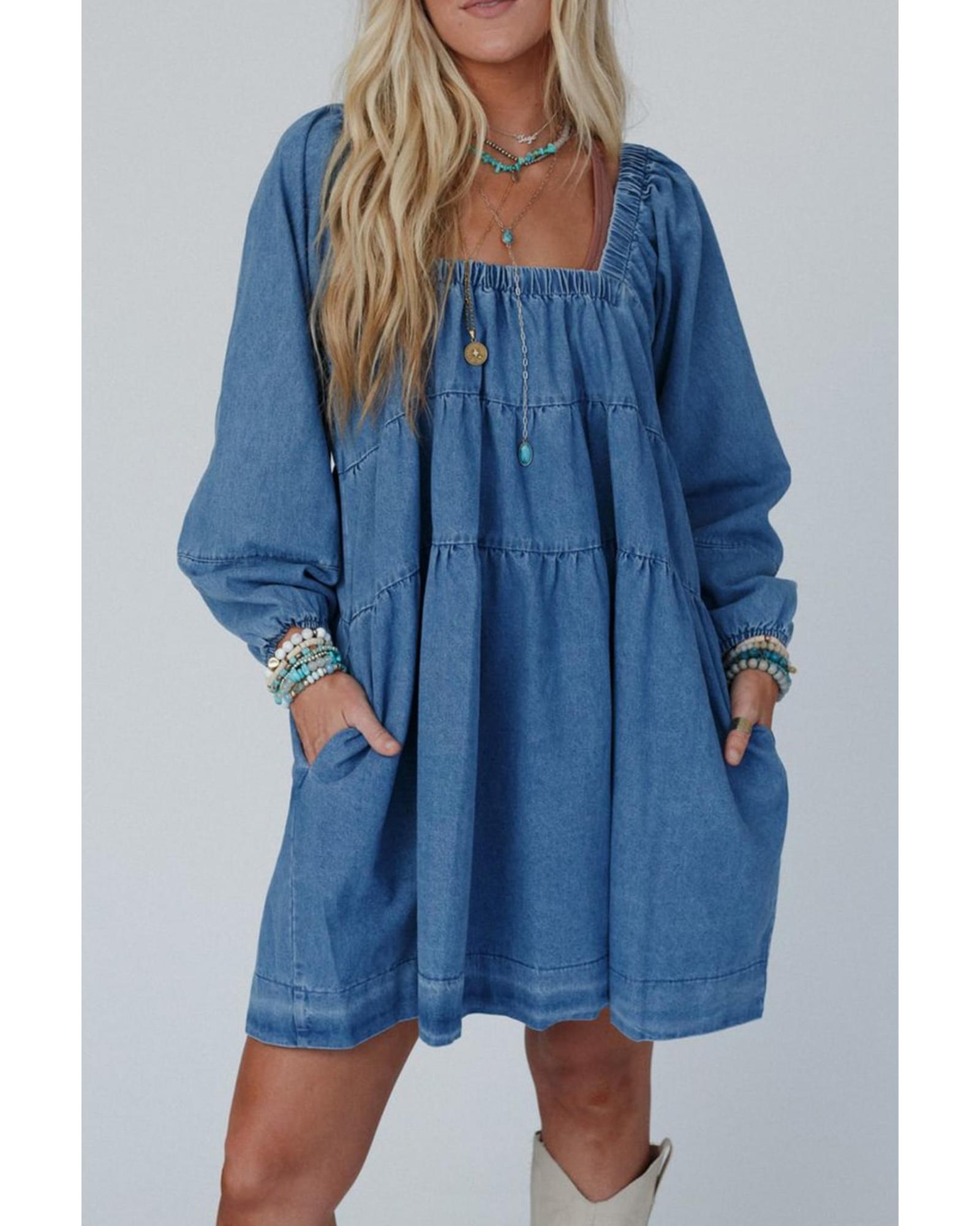 Dusk Blue Square Neck Side Pockets Loose Fit Denim Mini Dress - XL 4