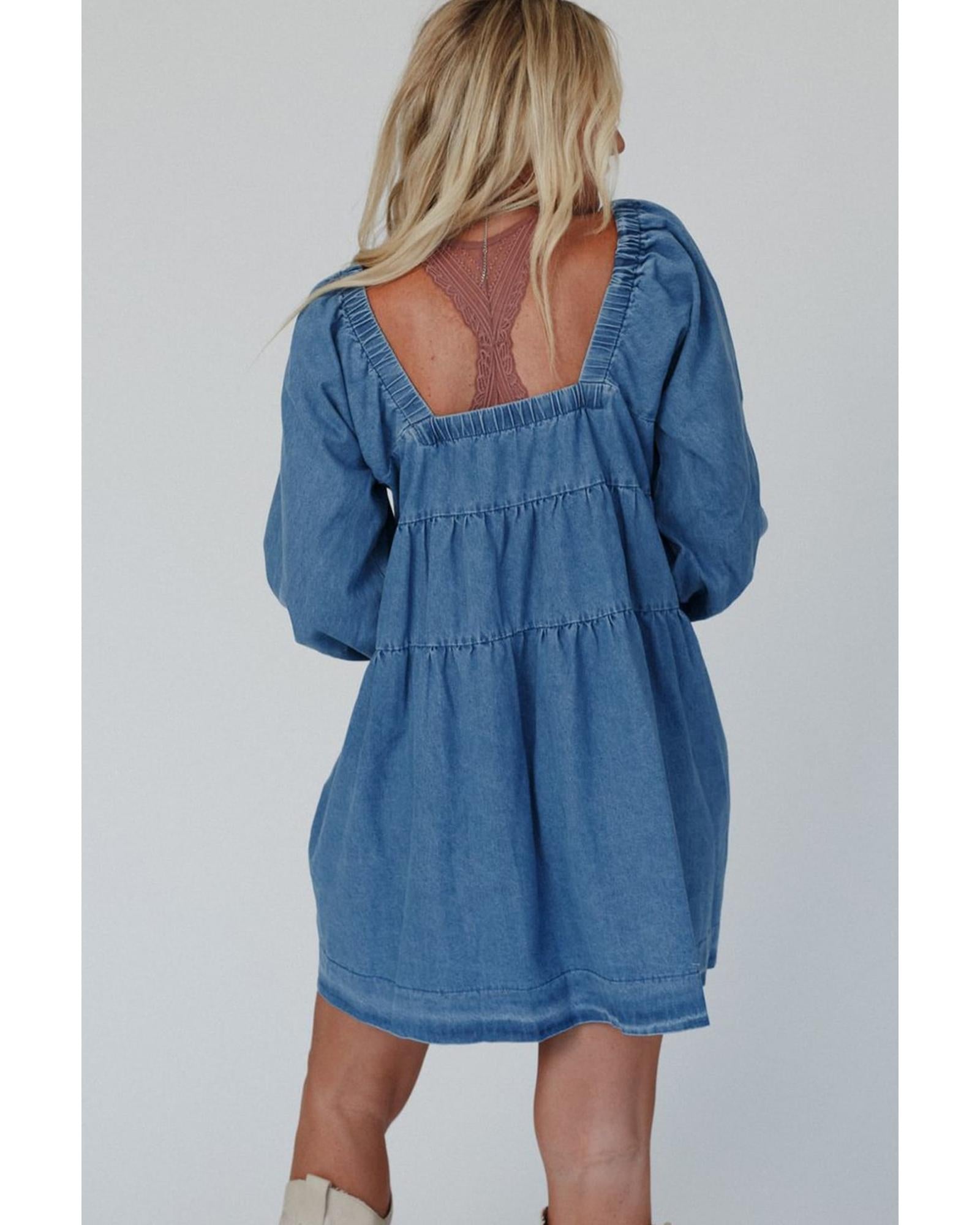 Dusk Blue Square Neck Side Pockets Loose Fit Denim Mini Dress - XL 5