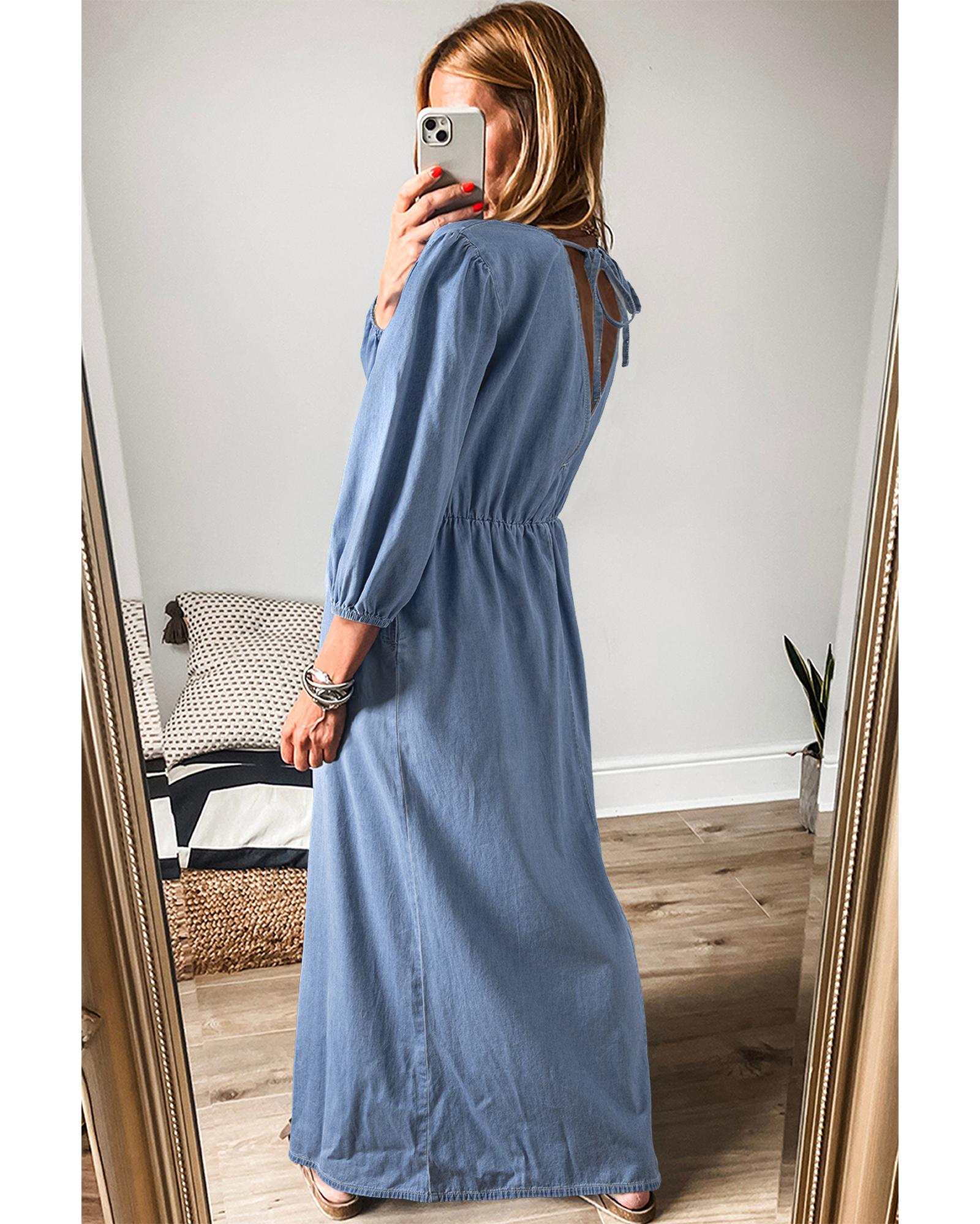 Myosotis Chambray Deep V Neck Bracelet Sleeve Maxi Dress - S 3