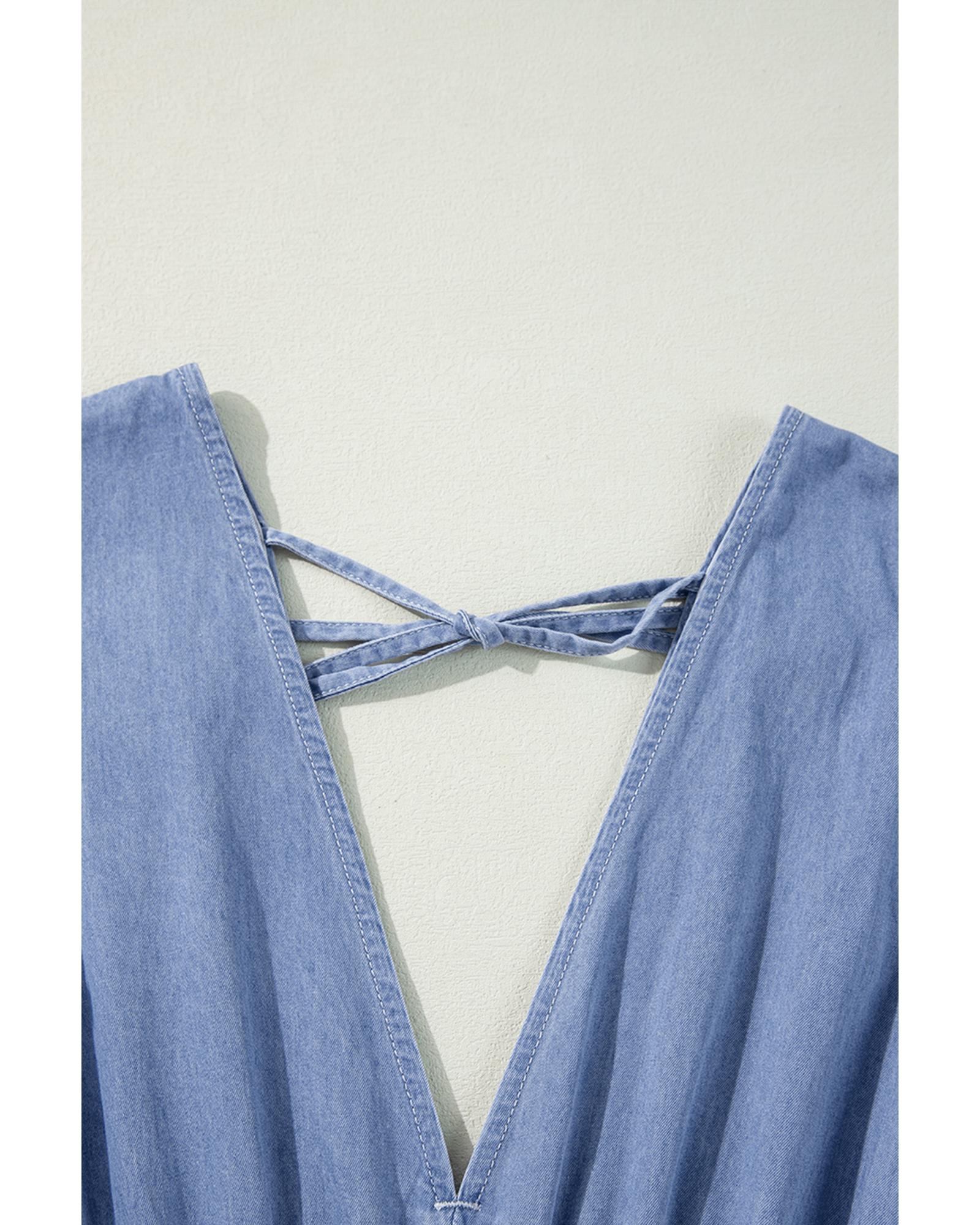 Myosotis Chambray Deep V Neck Bracelet Sleeve Maxi Dress - XL 5