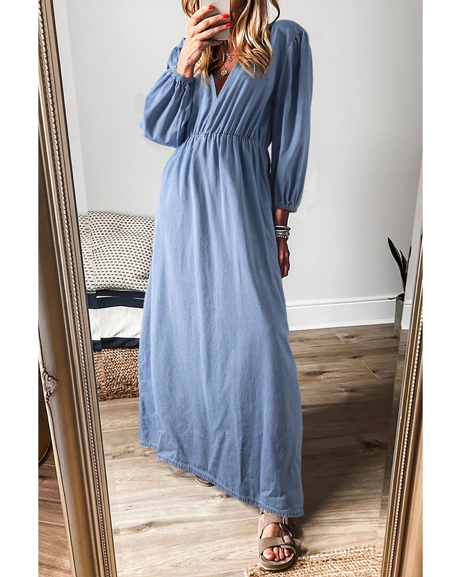 Myosotis Chambray Deep V Neck Bracelet Sleeve Maxi Dress - XL 7