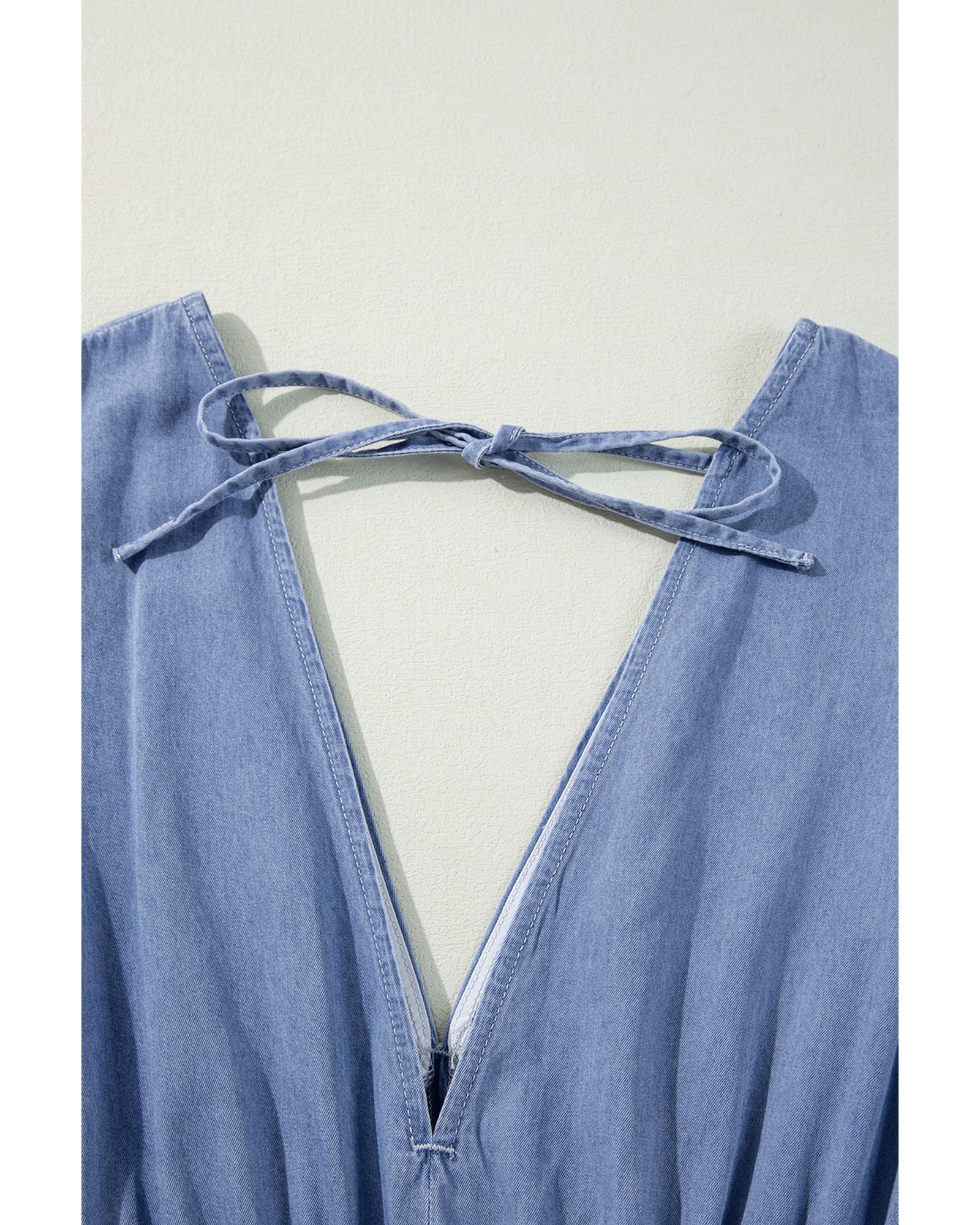 Myosotis Chambray Deep V Neck Bracelet Sleeve Maxi Dress - XL 8