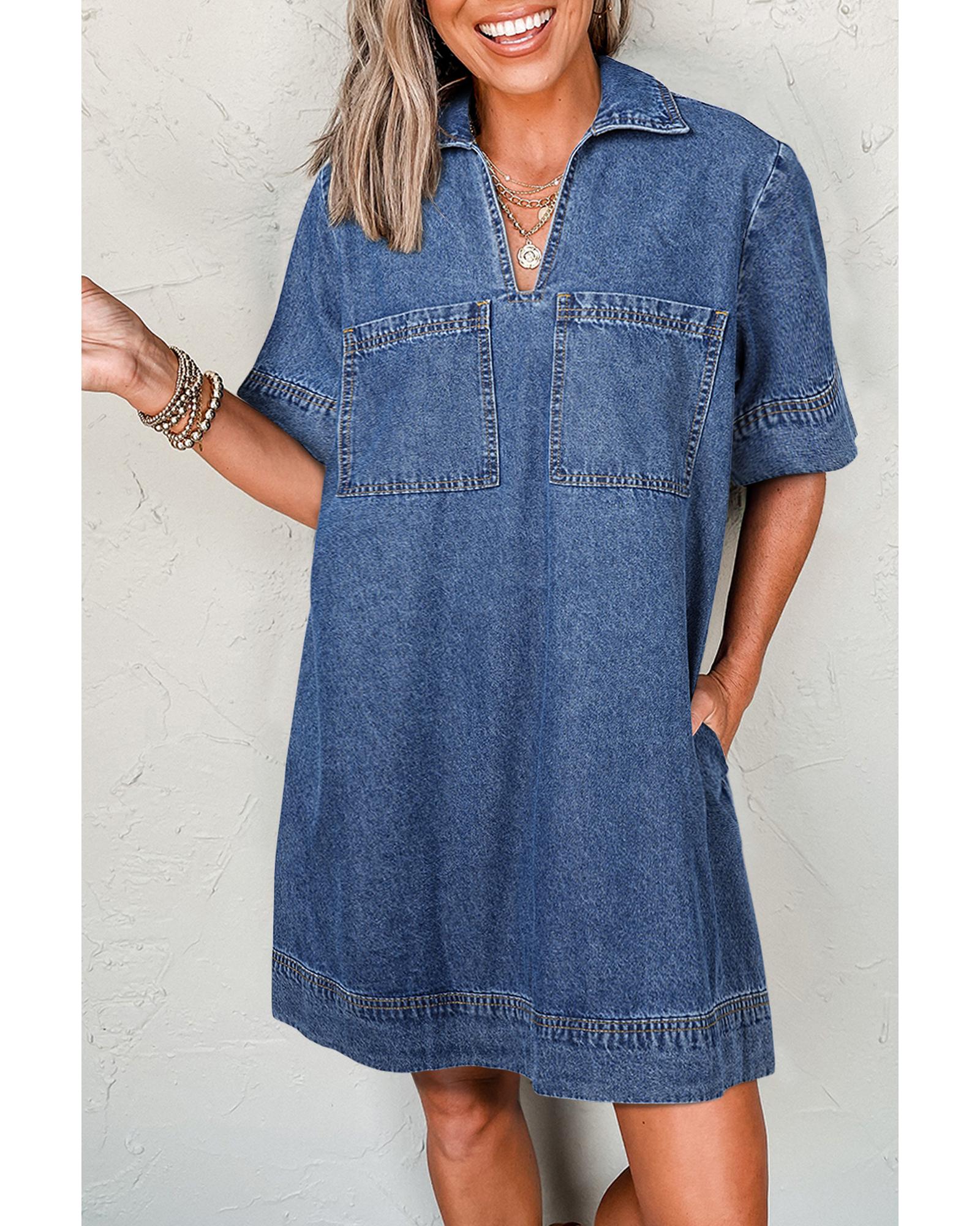 Blue Short Sleeve Collared Patched Pocket Denim Mini Dress - L