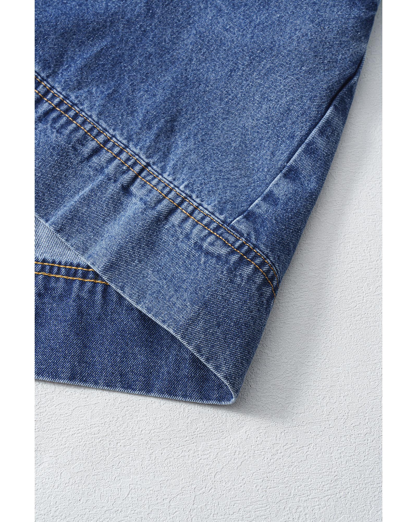 Blue Short Sleeve Collared Patched Pocket Denim Mini Dress - L 6