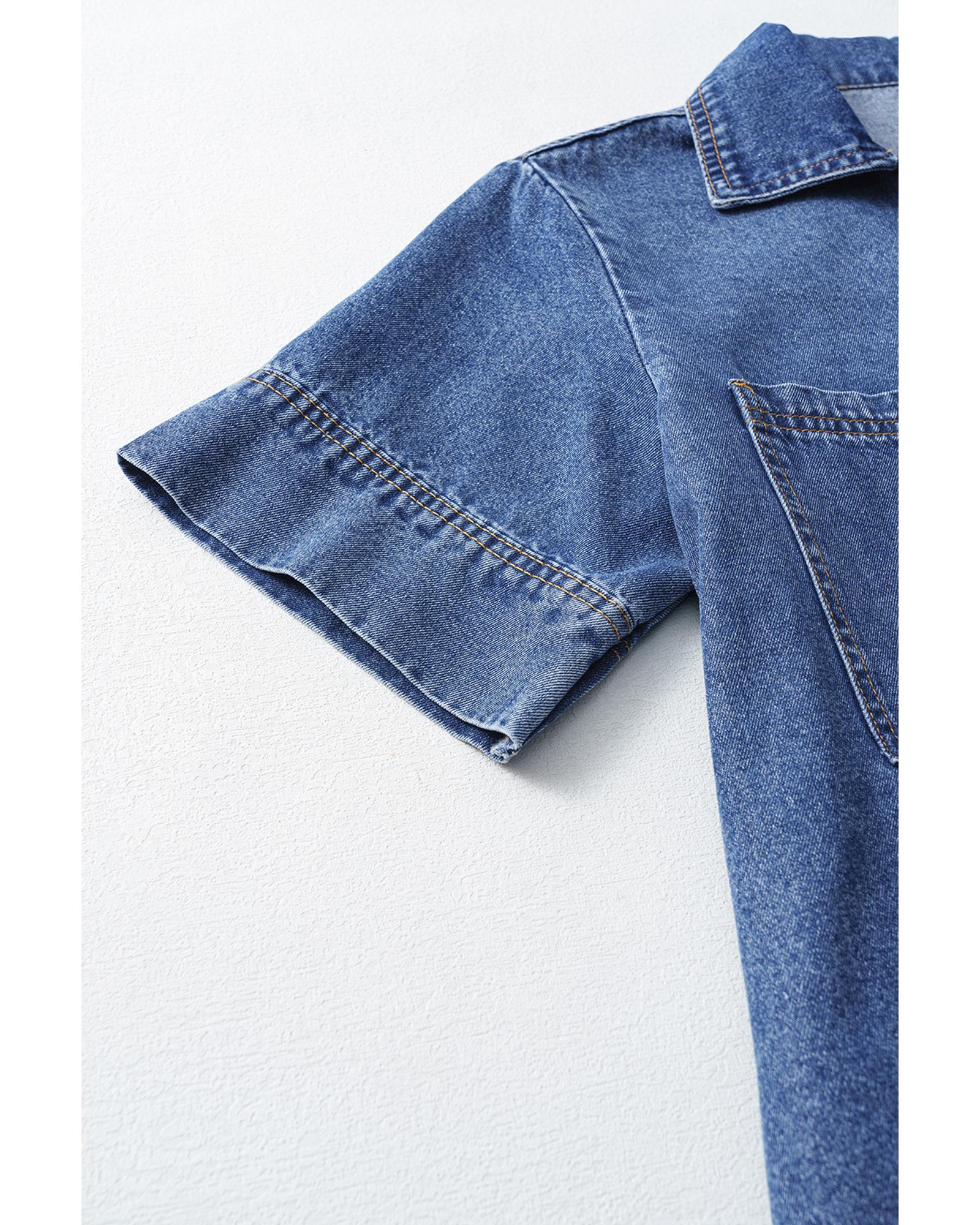 Blue Short Sleeve Collared Patched Pocket Denim Mini Dress - L 7