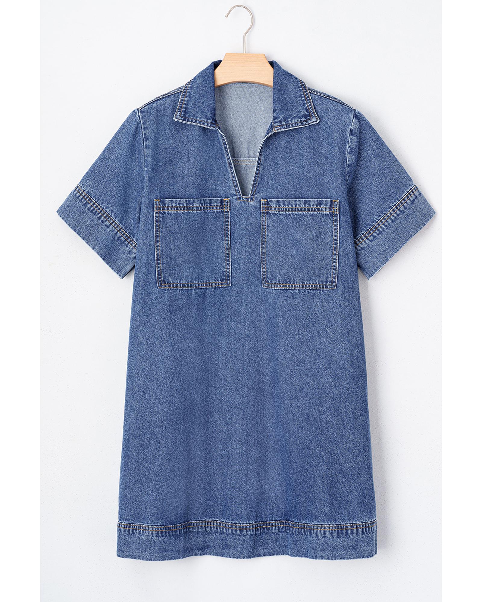 Blue Short Sleeve Collared Patched Pocket Denim Mini Dress - XL 3