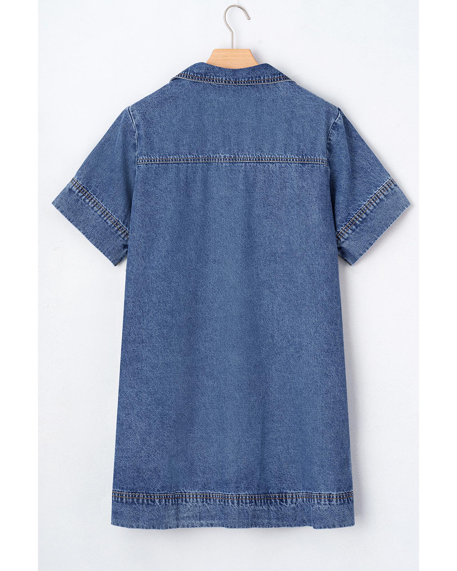 Blue Short Sleeve Collared Patched Pocket Denim Mini Dress - XL 4