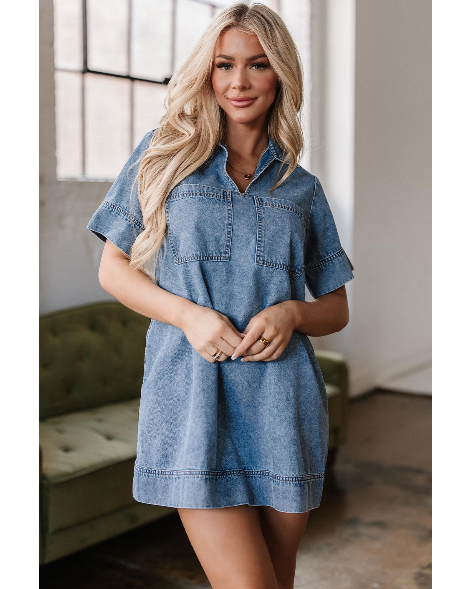 Beau Blue Short Sleeve Collared Patched Pocket Denim Mini Dress - L 4