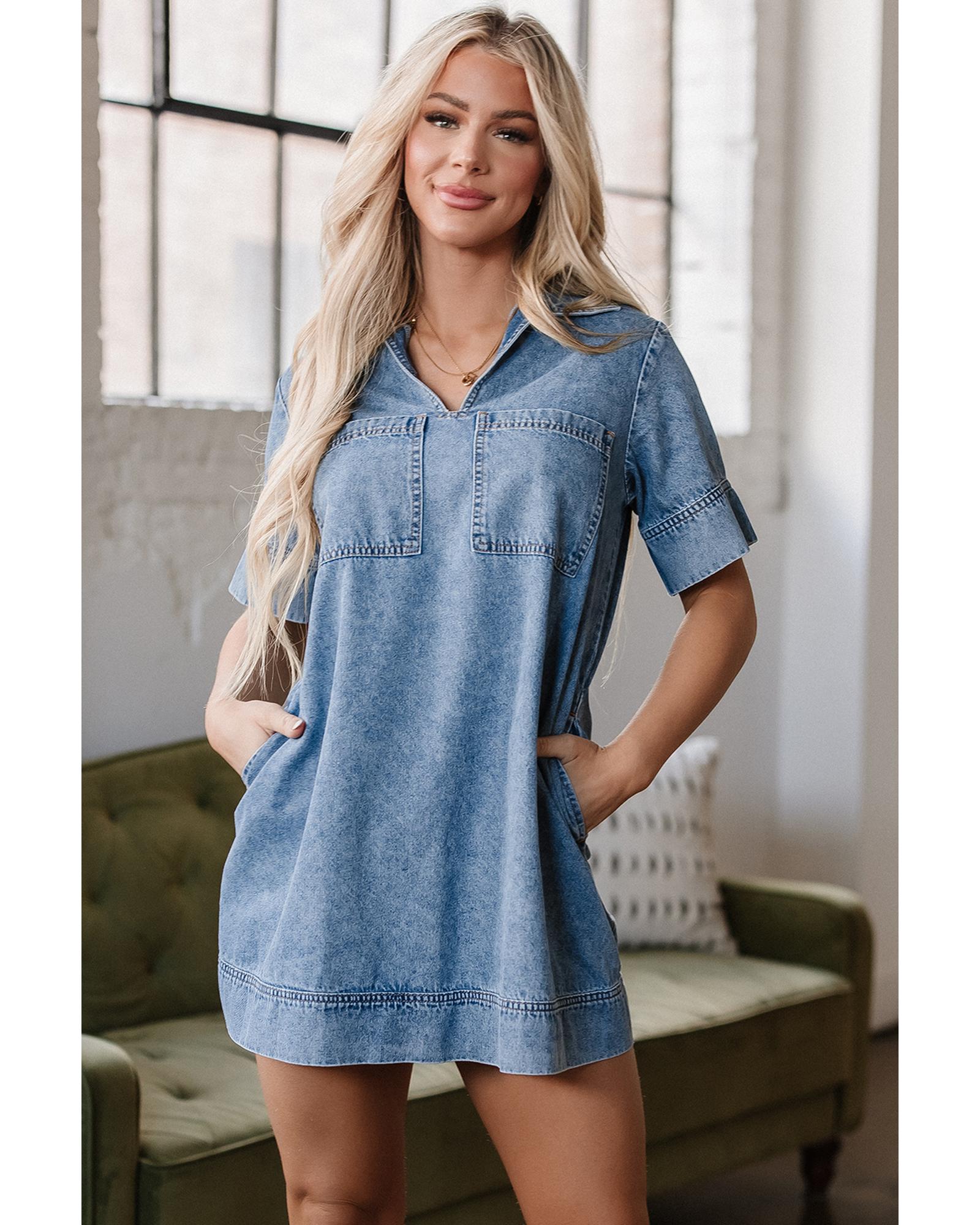 Beau Blue Short Sleeve Collared Patched Pocket Denim Mini Dress - M 5