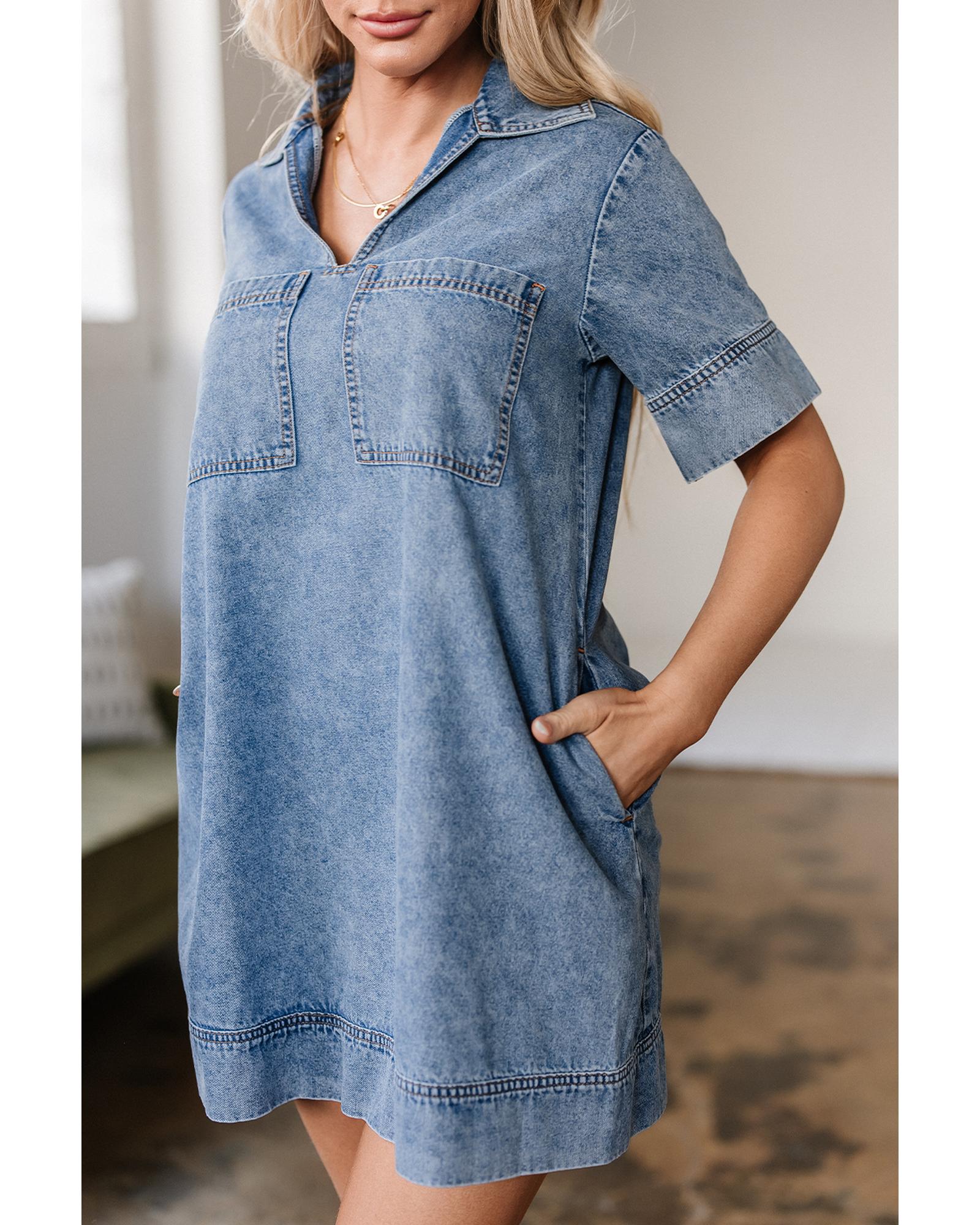 Beau Blue Short Sleeve Collared Patched Pocket Denim Mini Dress - M 7