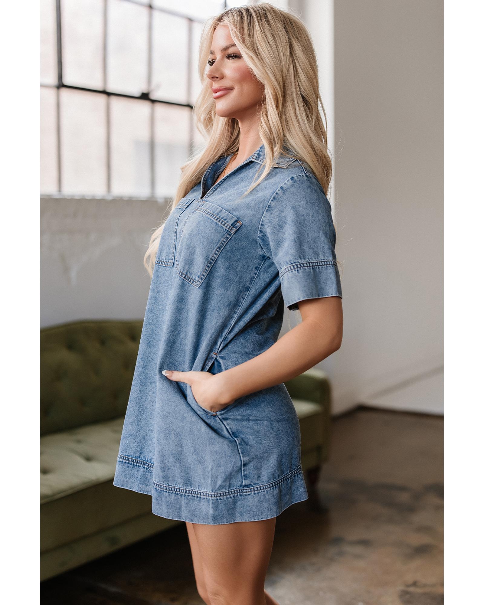 Beau Blue Short Sleeve Collared Patched Pocket Denim Mini Dress - S 3