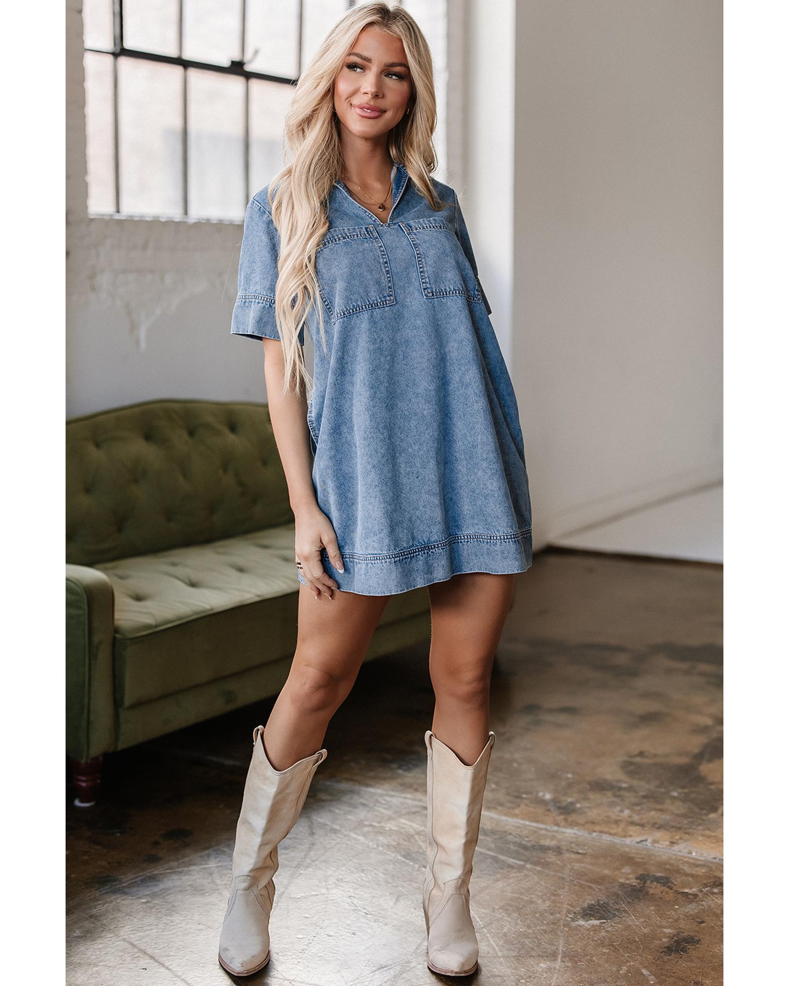 Beau Blue Short Sleeve Collared Patched Pocket Denim Mini Dress - S 6