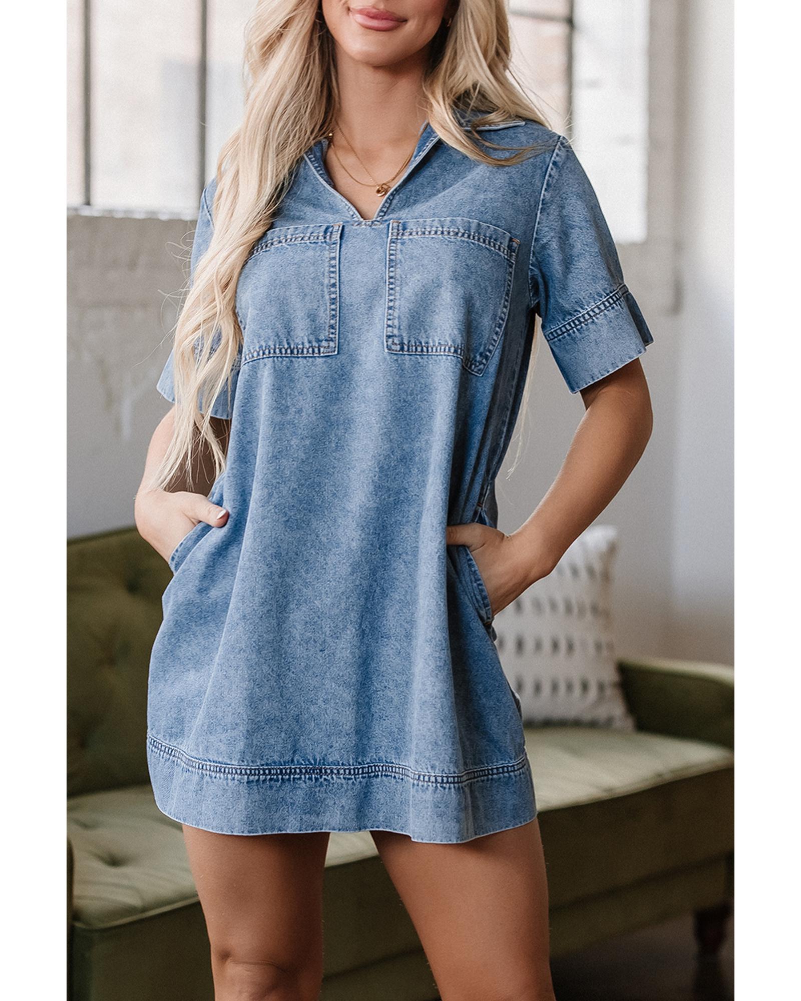 Beau Blue Short Sleeve Collared Patched Pocket Denim Mini Dress - XL 8