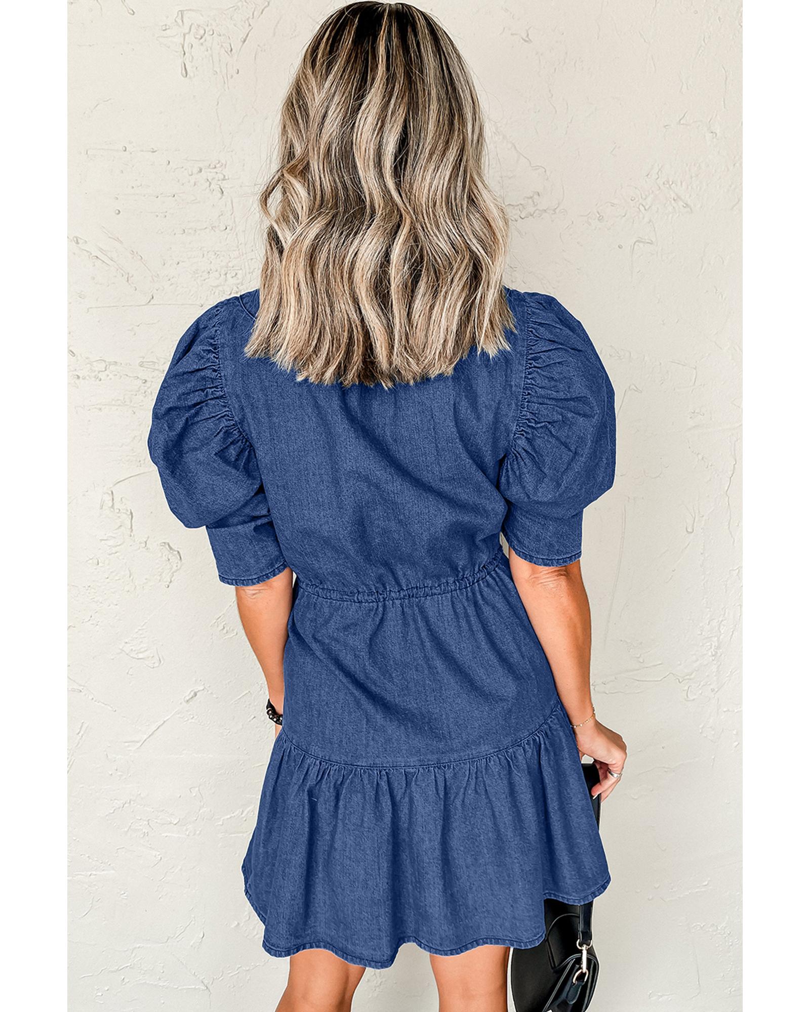 Blue Drawstring High Waist Puff Sleeve Denim Mini Dress - M