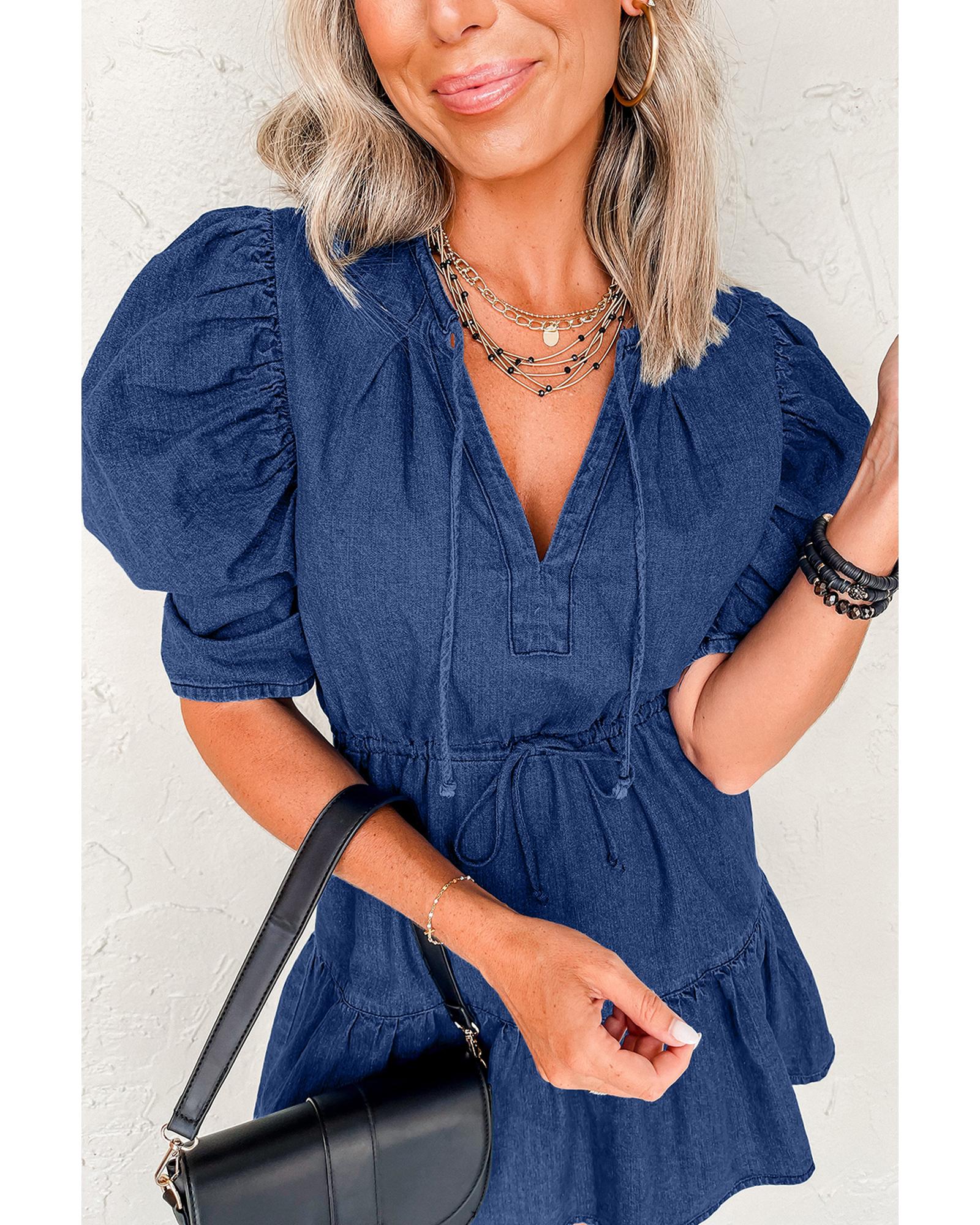 Blue Drawstring High Waist Puff Sleeve Denim Mini Dress - M