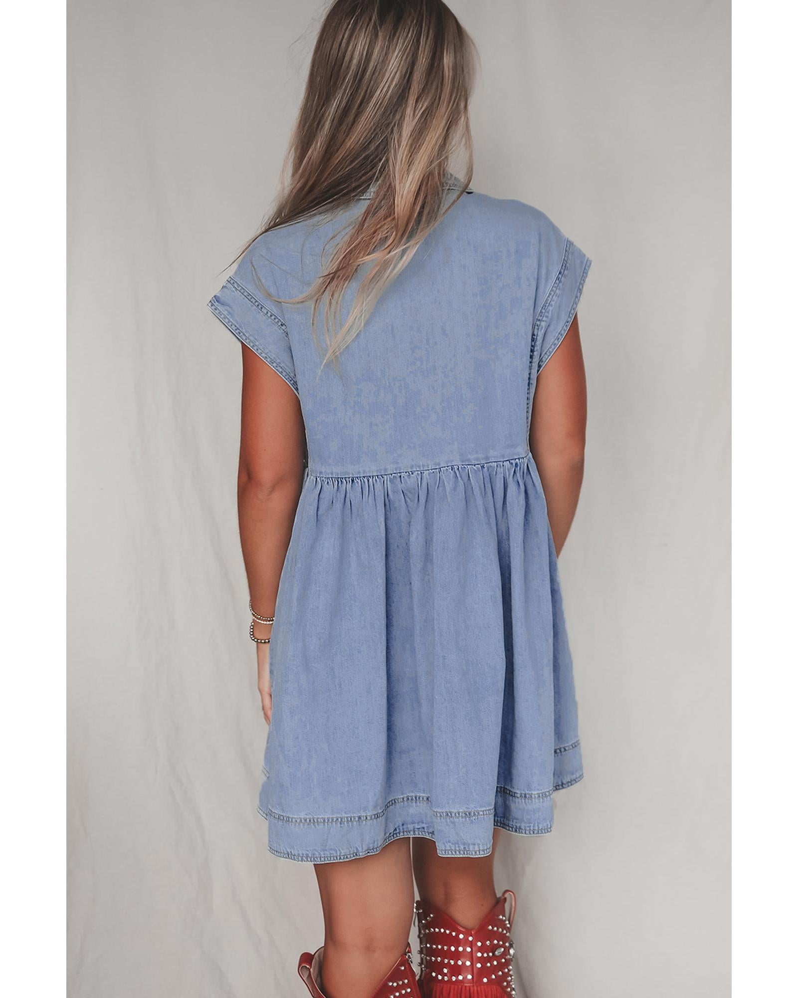 Beau Blue Lapel Neck Cap Sleeve High Waist Denim Babydoll Dress - L 3