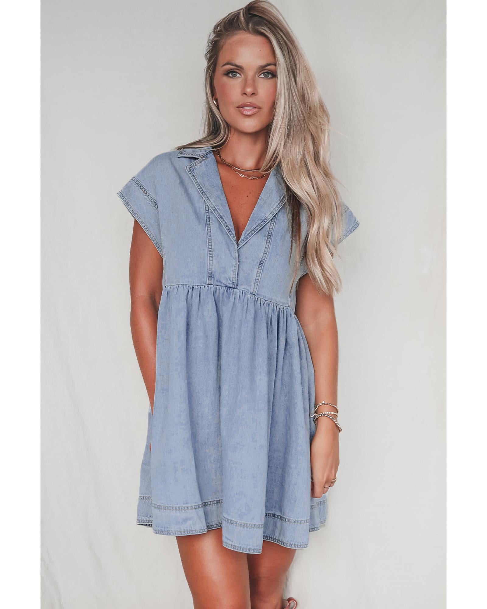Beau Blue Lapel Neck Cap Sleeve High Waist Denim Babydoll Dress - L 6
