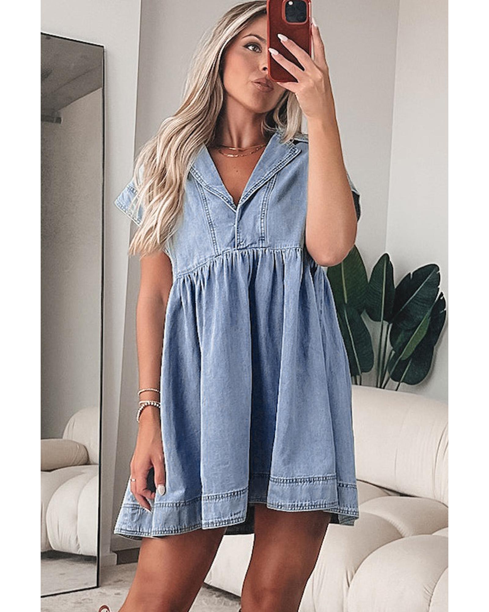 Beau Blue Lapel Neck Cap Sleeve High Waist Denim Babydoll Dress - L 7