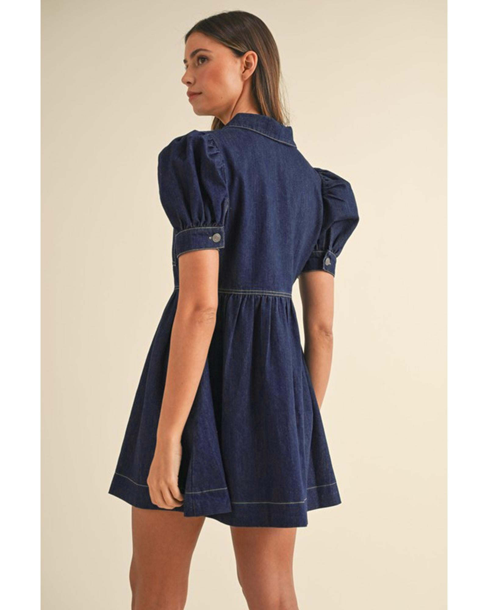 Dirty blue Zipped up Bodice Collared Short Puff Sleeve Denim Dress - L 8
